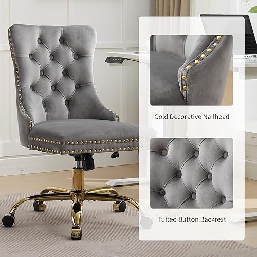 Miniatura 4 de Silla de escritorio de terciopelo gris para oficina en casa con ruedas y base dorada, moderna silla giratoria cómoda de oficina, silla de trabajo,