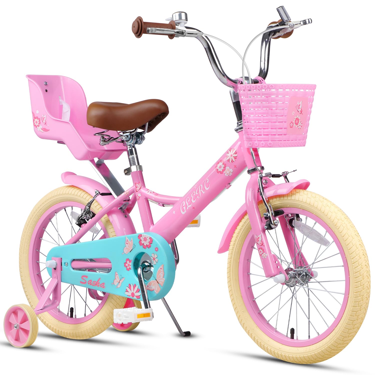 Glerc 16 Inch Girls Kids Bike for Children Ages 4 5 6 7 8 Years with Stabilisers & Doll-Seat & Basket, Pink