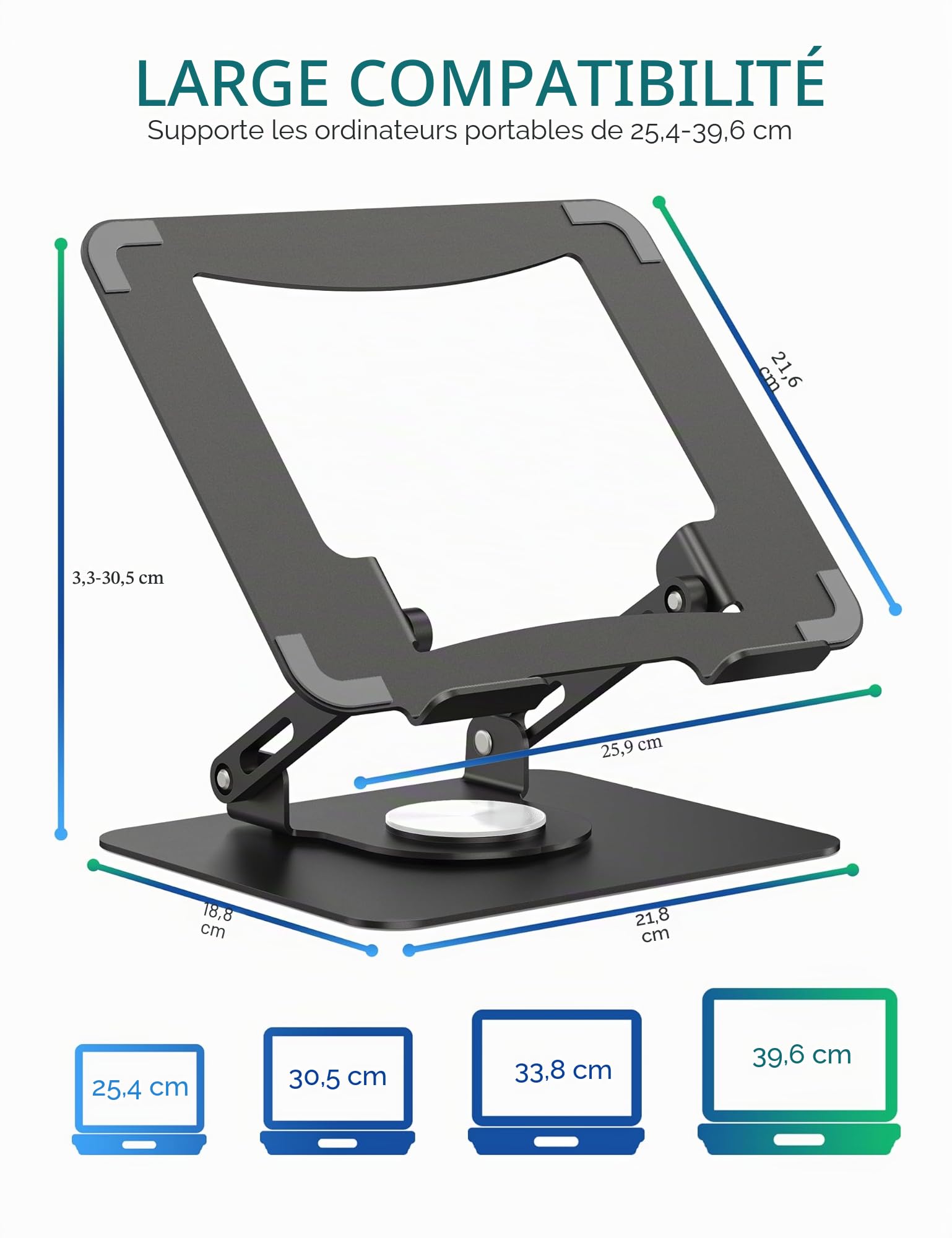 SOUNDANCE Support pour Ordinateur Portable avec Base rotative à 360°, rehausseur Ergonomique pour Bureau, Hauteur réglable Multi-Angle, Support Pliable, Support en métal Stable de 10 à 15,6", Noir