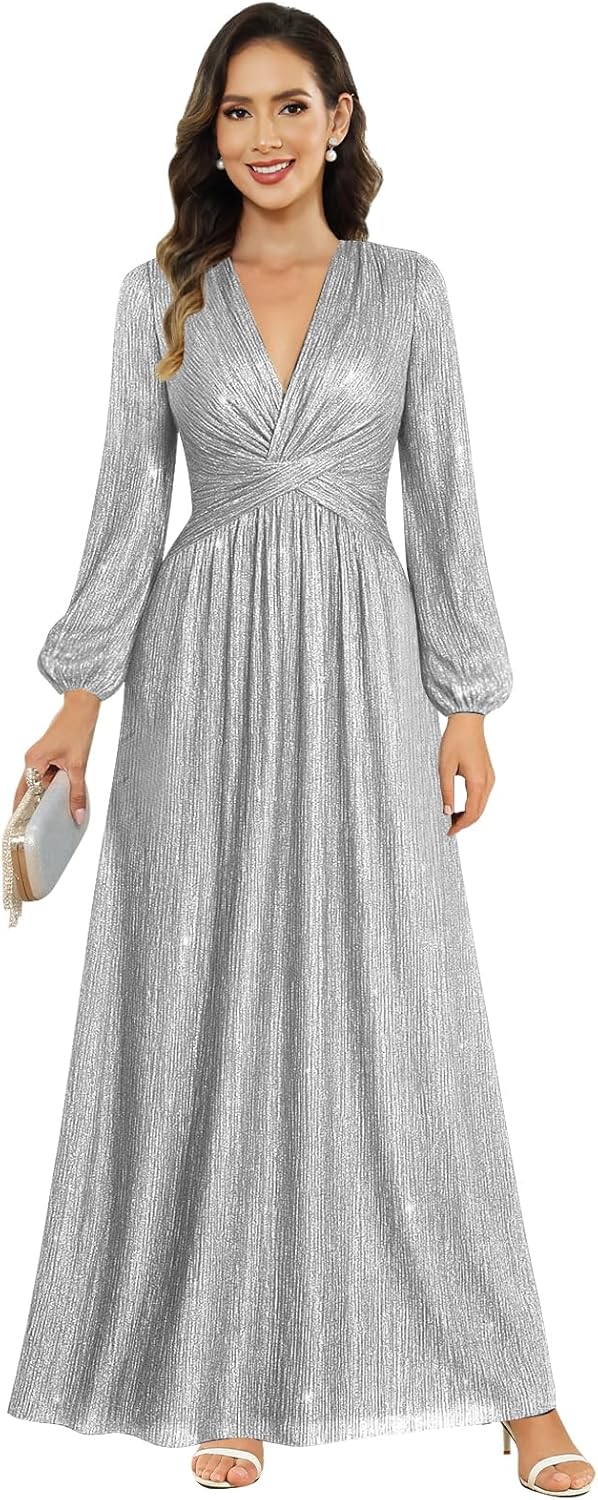 Women's V Neck A-Line Formal Wedding Guest Dresses Long Lantern Sleeves Floor Length Glitter Evening Gowns