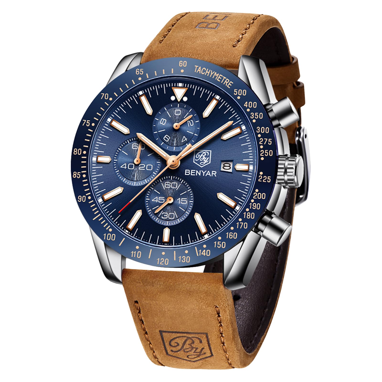 BENYAR Chronograph Quartz Watch BY5140 with blue dial and brown leather strap.