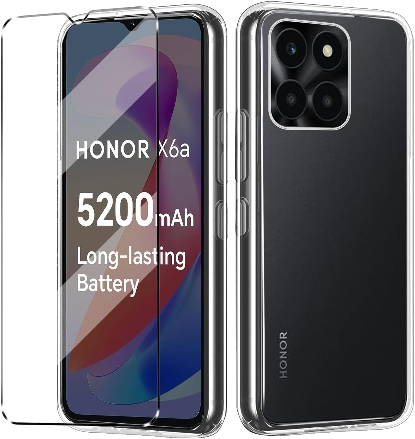 [2 in 1] Case Compatible with Honor X6A Cover with 1 Pack Tempered Glass Screen Protector for Honor X6A, Slim Fit Soft TPU Shockproof Anti-Scratch Phone Case Cover - Clear
