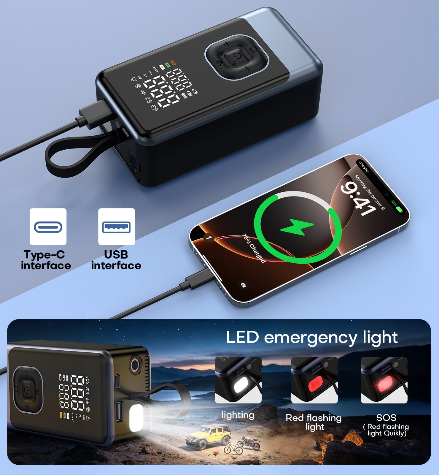 Compressore d'aria per gonfiaggio pneumatici, 150 psi, portatile, senza fili, con manometro digitale, spegnimento automatico e luce LED, pompa elettrica ricaricabile per auto, moto, bicicletta