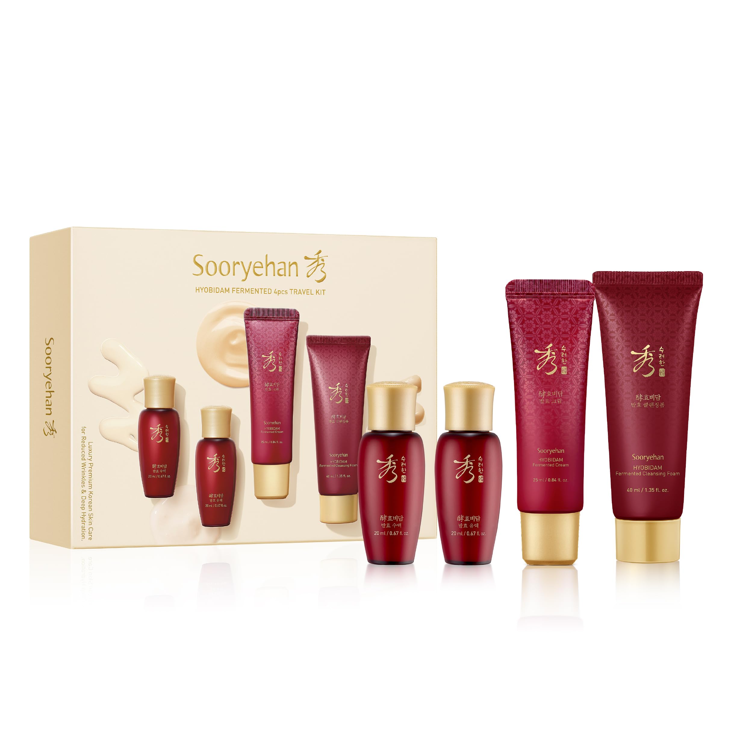 Sooryehan Hyobidam Fermented Travel Kit (Pack of 4) - Herbal korean skincare set with Toner, Emulsion, Cream & Cleansing Foam, featuring Baekhyodan™ &