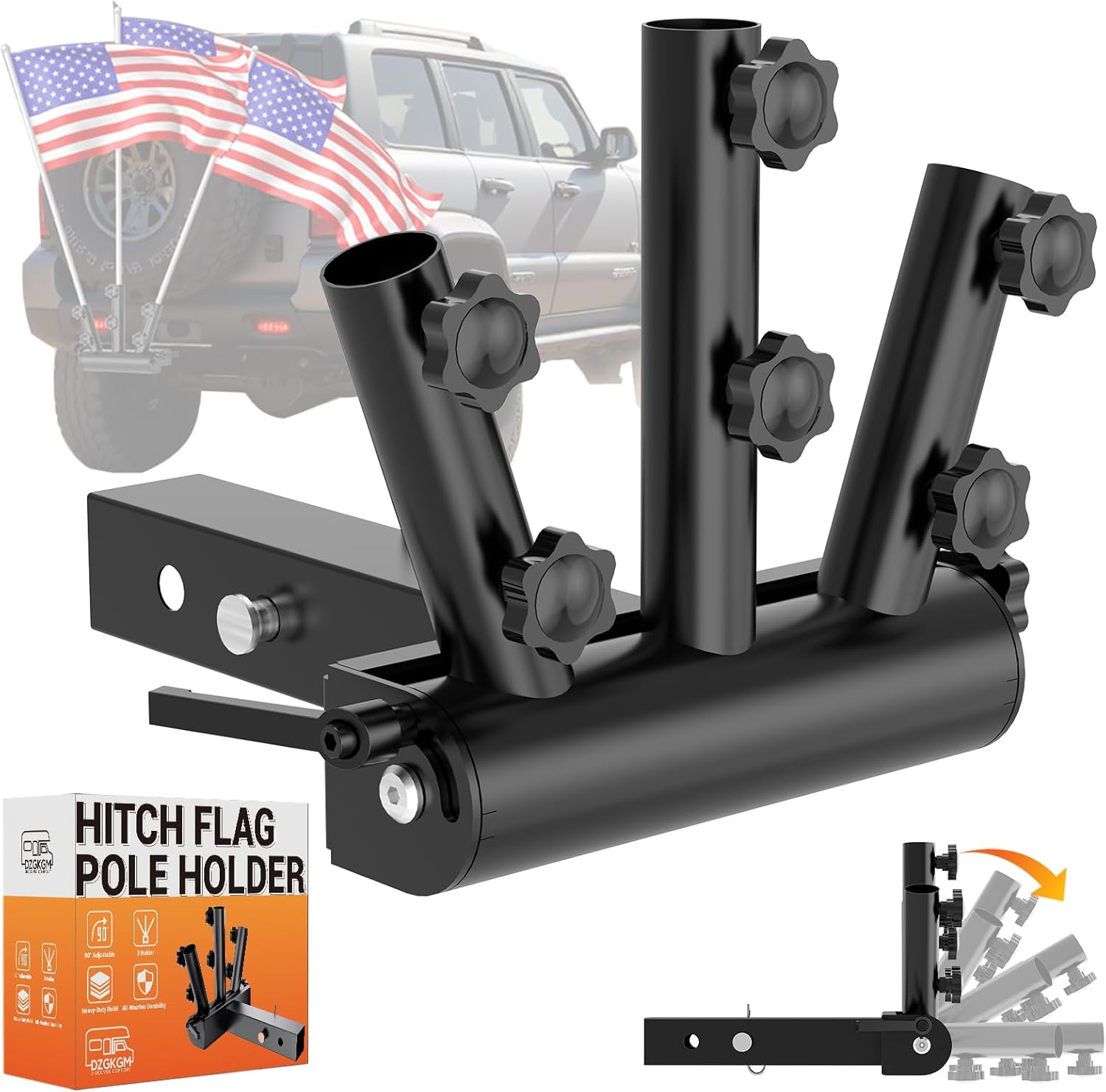 Hitch Flag Pole Holder, 90°Adjustable & Quick Detach, 3 Triple Truck Flag Pole Mount for Jeep, Truck, Trailer, RV, Camper- Fit Standard 2" Hitch Receiver, Heavy Duty, Powder-Coated Finish