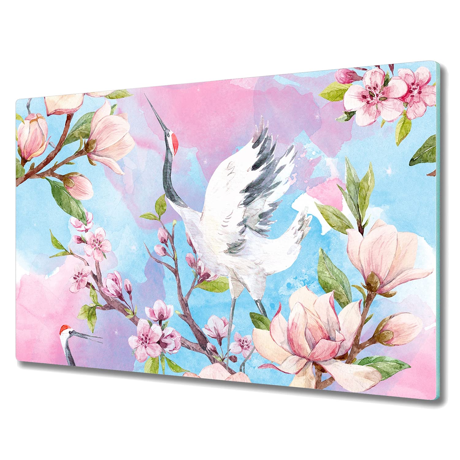 Impression sur verre de sécurité 80x52 cm oiseau fleurs pour protéger plaque cuisson