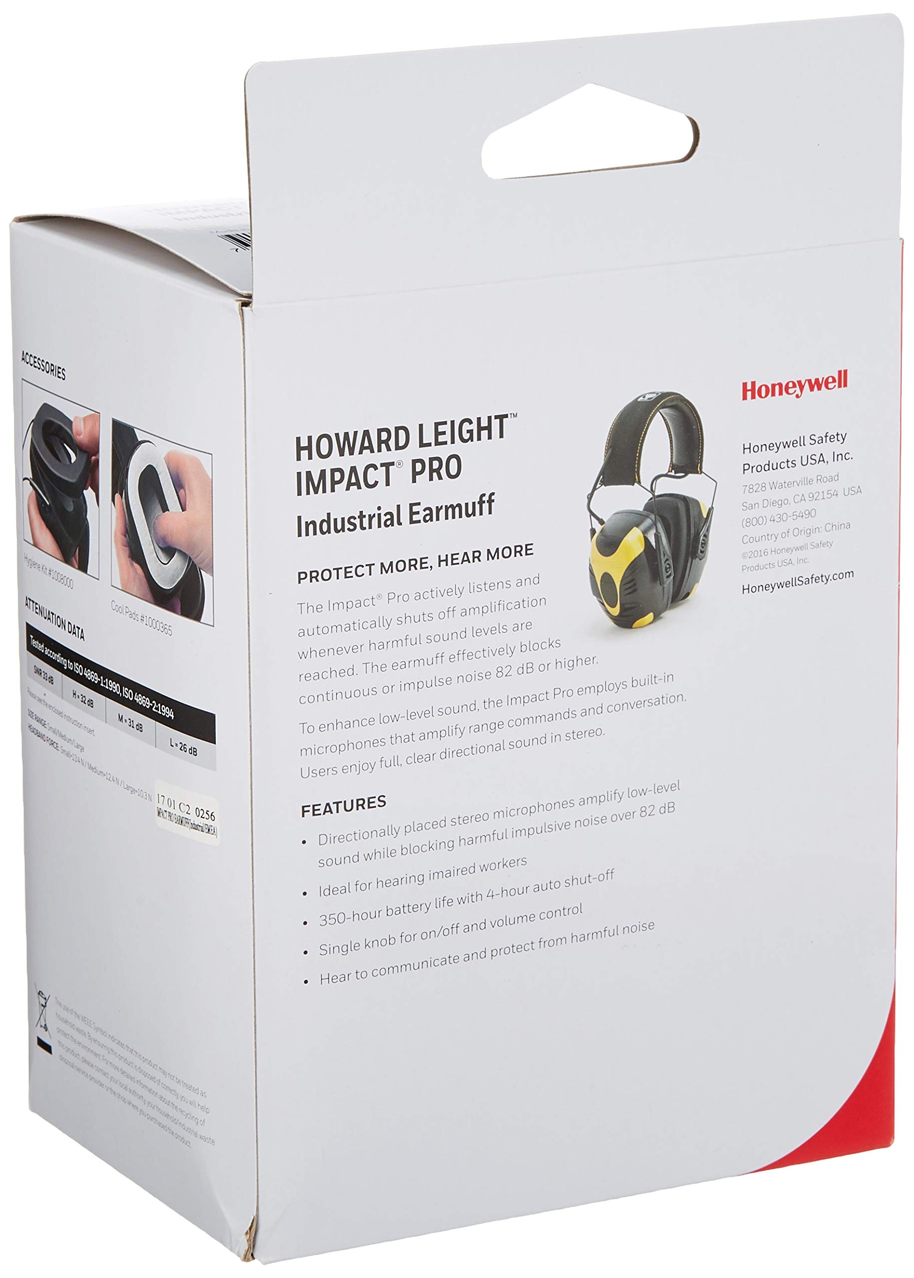 Honeywell 1034491 Howard Leight Impact Pro nauszniki przemysłowe z aktywną ochroną, kierunkowe mikrofony stereofoniczne, złącze audio jack, czarno-żółte, SNR 33 dB
