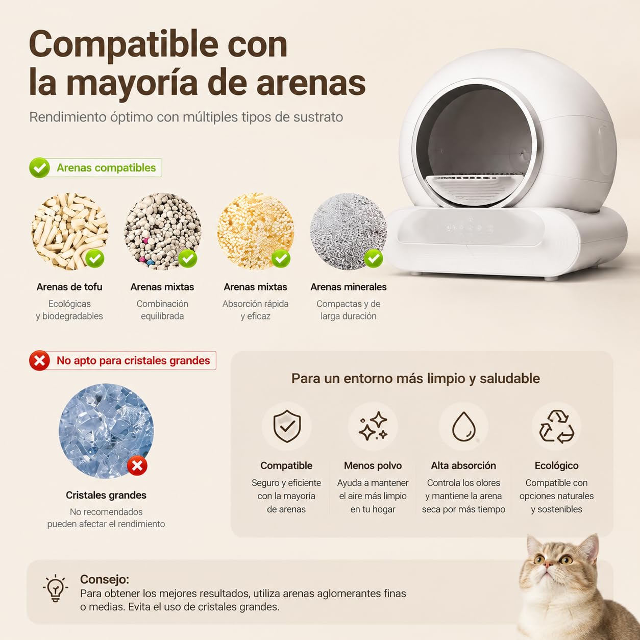 Arenero Autolimpiable XXL para Gatos, Caja Arena Automática 74L con Control por Aplicación, Sistema Seguridad Avanzado, Eliminación Olores, Incluye Alfombra y 5 Rollos Bolsas