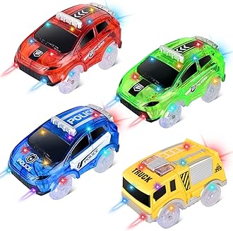 Track Cars Only Replacement Glow in The Dark with 5 Flashing LED Lights, Light Up Tracks Cars, Flex Race Car Compatible with Most Race Tracks for Kids (4pack) with Screwdriver