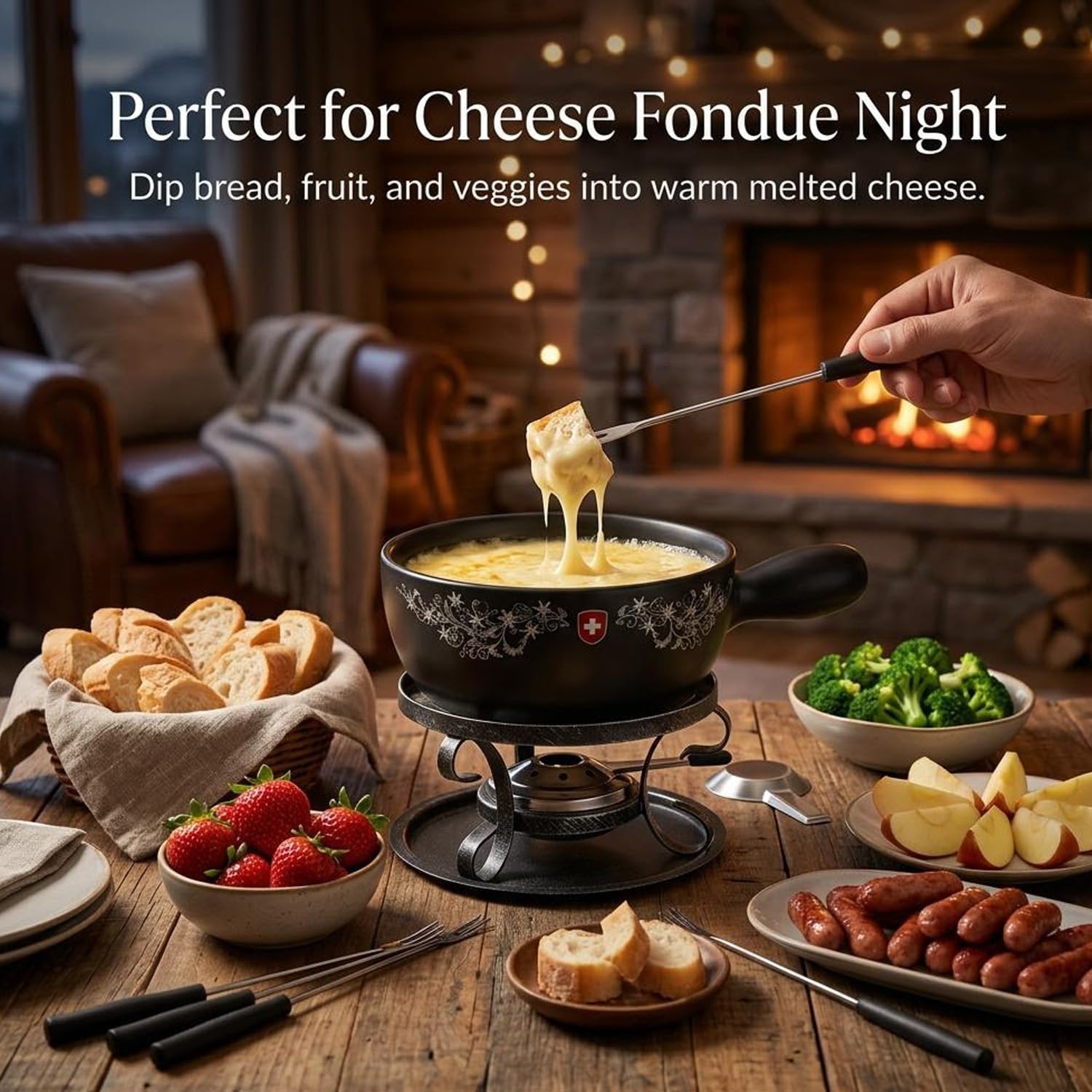 Artestia Cheese & Chocolate Fondue Pot Set, 2.1 Quart Ceramic Swiss Design Fondue Set for 6 with Burner & Forks, Stove Top Safe, Perfect for Party, Family Gathering & Gift - 3