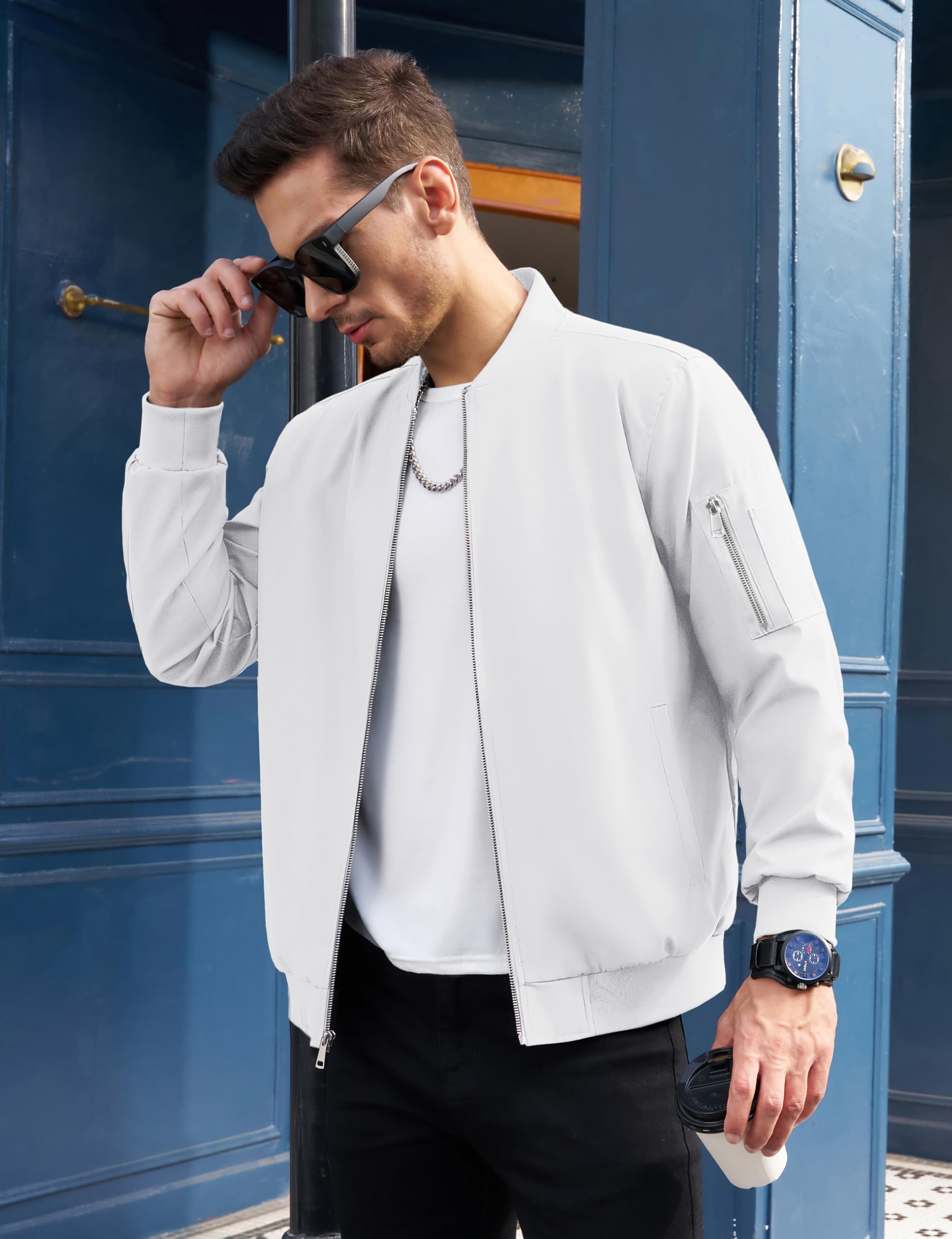 TACVASEN Giacca da uomo leggera bomber con tasca sulle maniche, per autunno e mezza stagione con colletto alto, con tasca interna