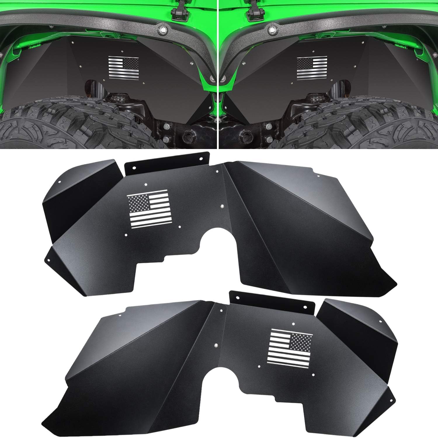 Front Inner Fender Liners for Jeep Wrangler JK JKU 4WD 2007-2018 US Flag Logo Corrosion-Resistant Aluminum Lightweight Design Splash Guards (Black)