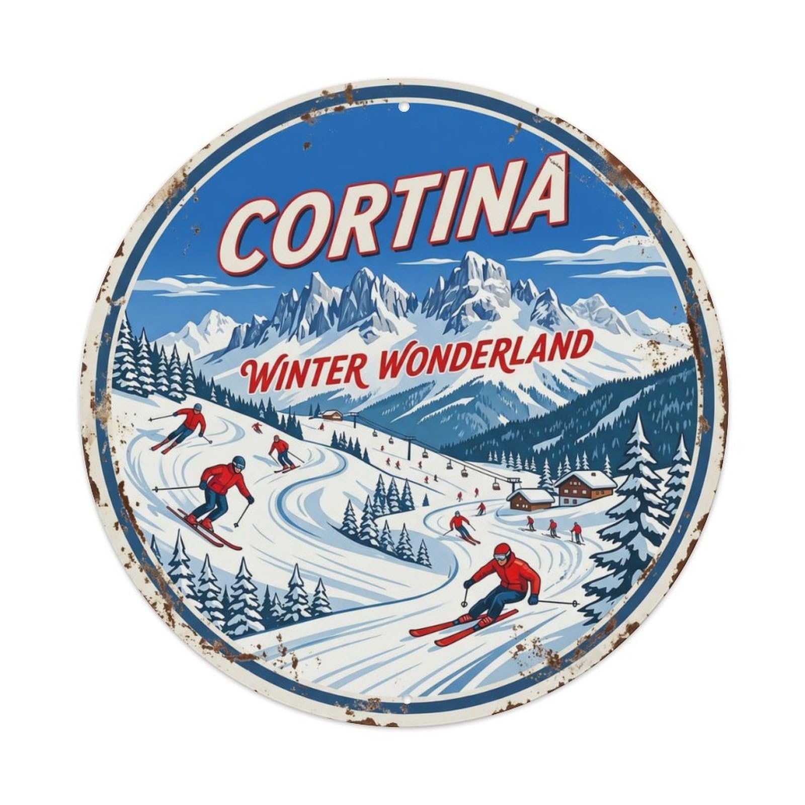 Vintage Travel Cortina Skiing Italy Metal Tin Sign Plaque Wall Decor for Cafe, Club Bar, Office, Home Garden Round Metal Poster 8x8Inch