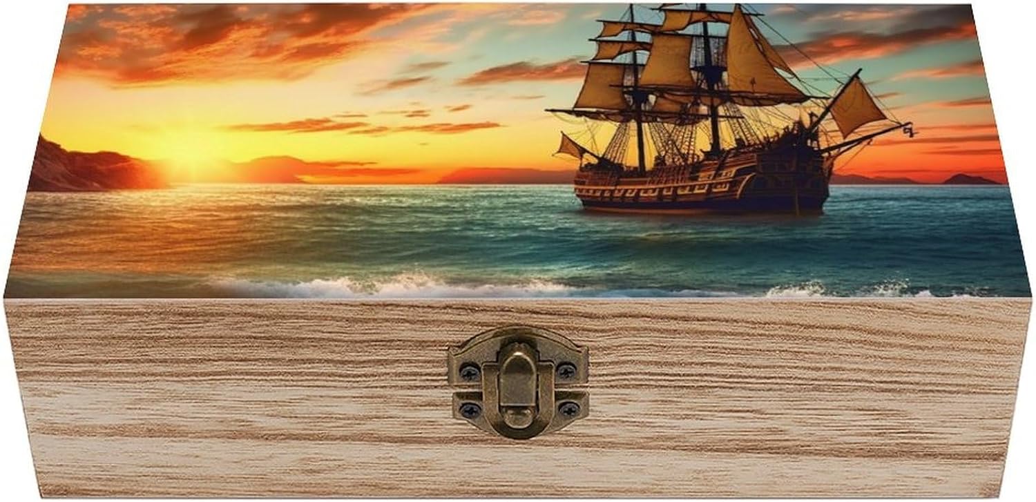 Pirate Ship Wooden Keepsake Box Wood Storage Memory Box