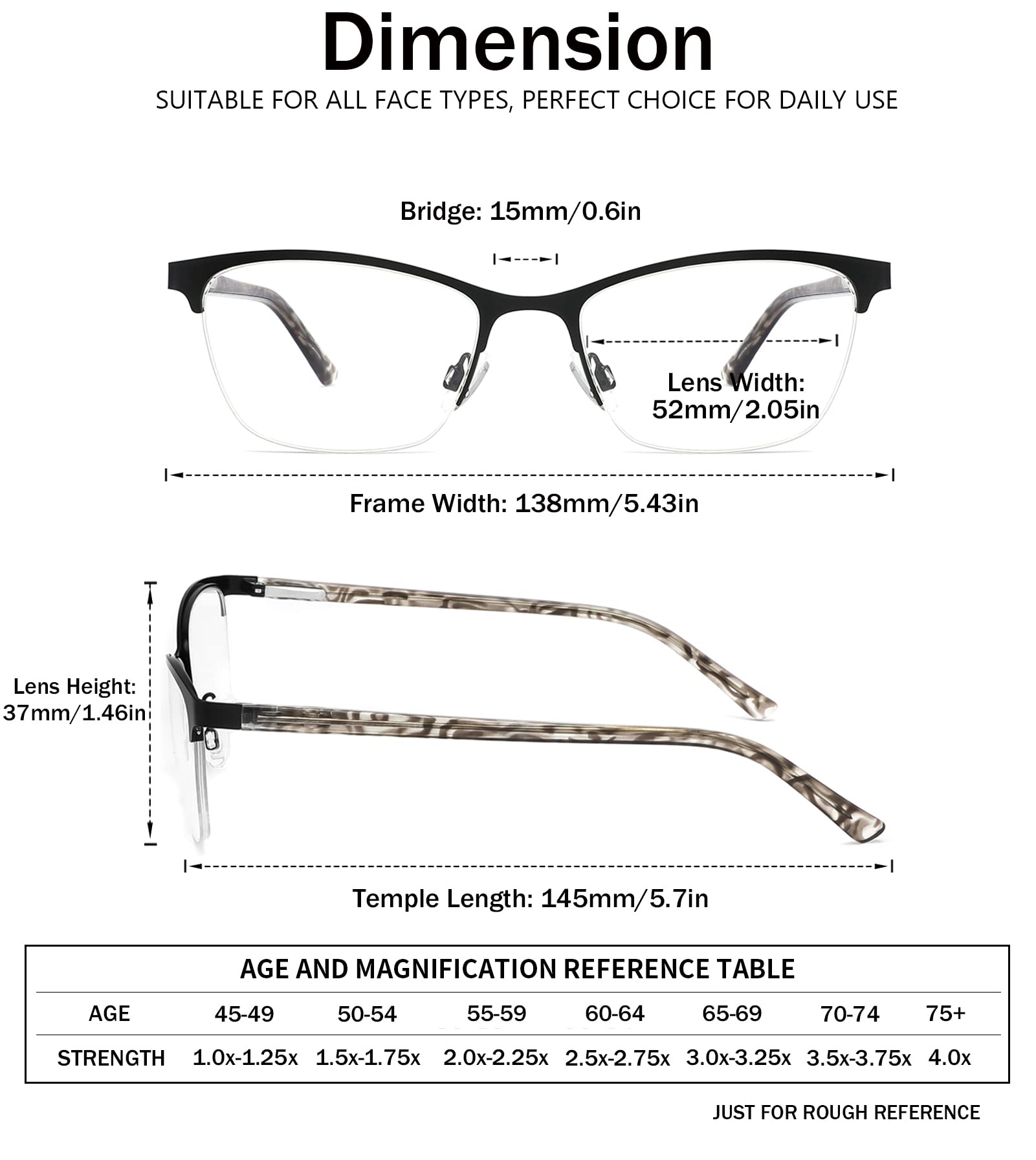 3er-Pack Lesebrille, Damenbrille, halber Metallrahmen, blaues Licht, Computerleser, UV-Filter RayGlareBlue Ray, mit Hüllen (Verstärkungsstärke)