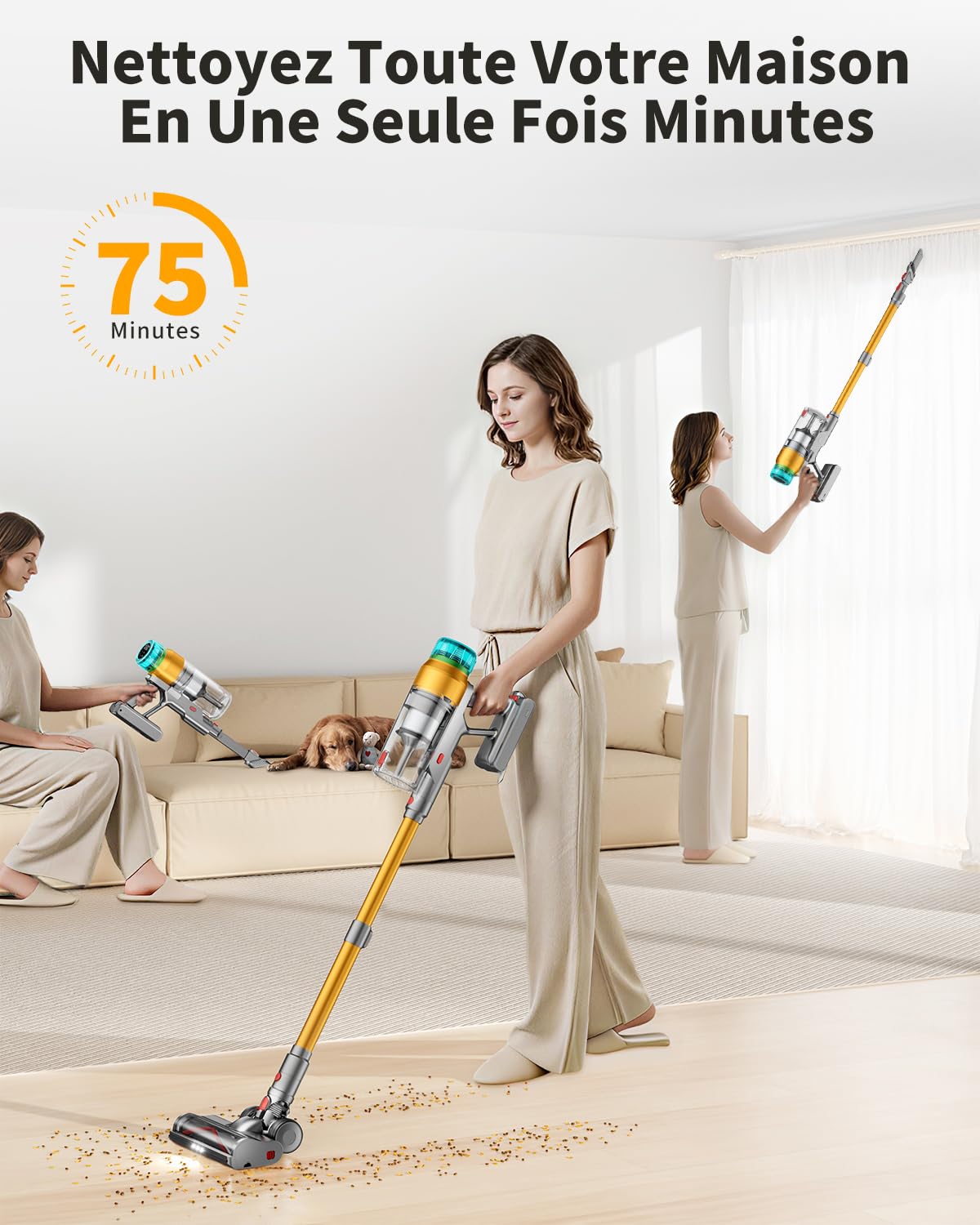 60KPA/600W Aspirateur Balai sans Fil, 75 Minutes Autonomie Aspirateur sans Fil Puissant avec Recharge Murale Écran Intelligent, aspirateur balai puissant pour Les Poils d'animaux/Tapis/Sols Durs