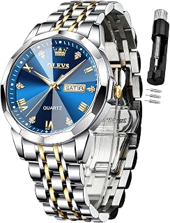 OLEVS Men's Diamond Business Watch Quartz Analog Stainless Steel Two-Tone Blue Dial Waterproof Luminous Date