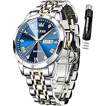 Watch for Men Diamond Business Dress Analog Quartz Stainless Steel Waterproof Luminous Date Two Tone Luxury Casual Wrist Watch Blue