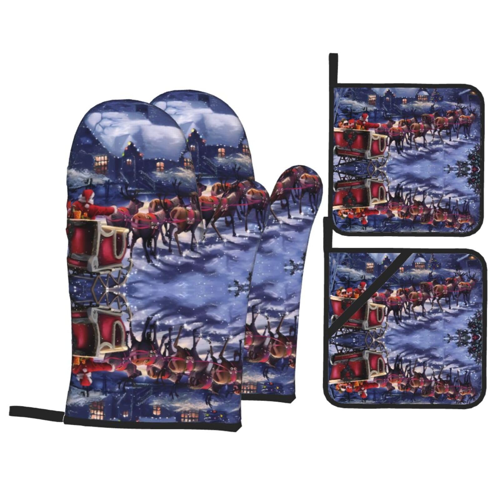 WHJSHOP Snow Night Santa and Deer Prints Oven Mitts & Pot Holders Set - Waterproof Kitchen Layers & Heat Resistant - Durable Covers for Safe Cooking & Easy Cleanup
