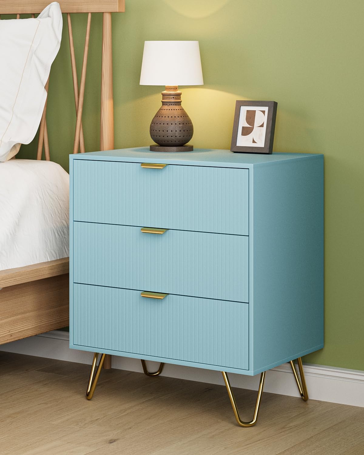 Blue Dresser for Bedroom, Modern Fluted 3 Drawer Dresser with Storage, Dresser Chest of Drawers with Gold Handles for Bedroom, Living Room, Closet, Hallway, 15.8" D x 23.6" W x 27.6" H