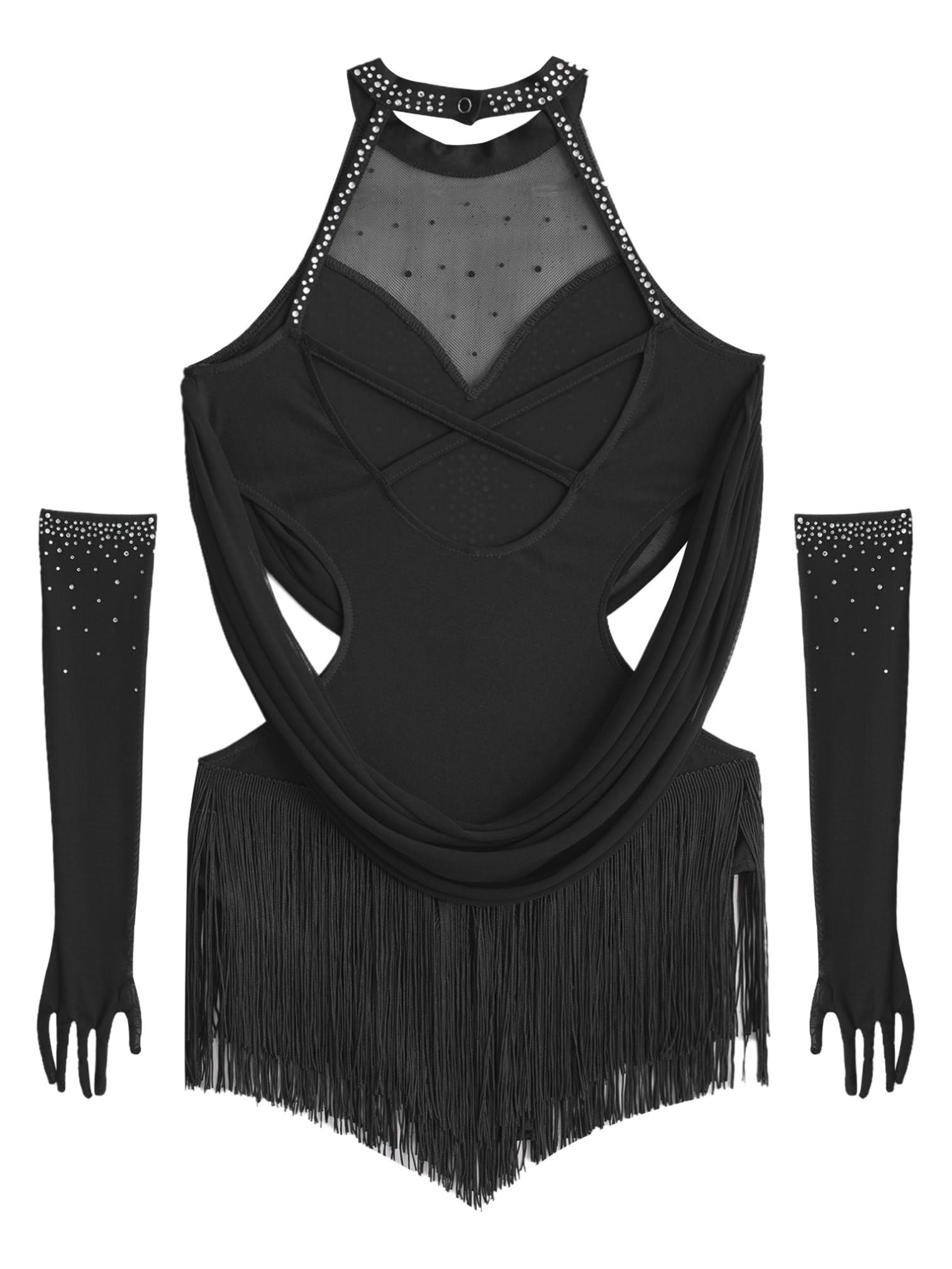 ranrann Fille Robe de Patinage Artistique avec Gants Strass Ensemble Danse sur Glace Justaucorps Robe à Franges Compétition Spectacle