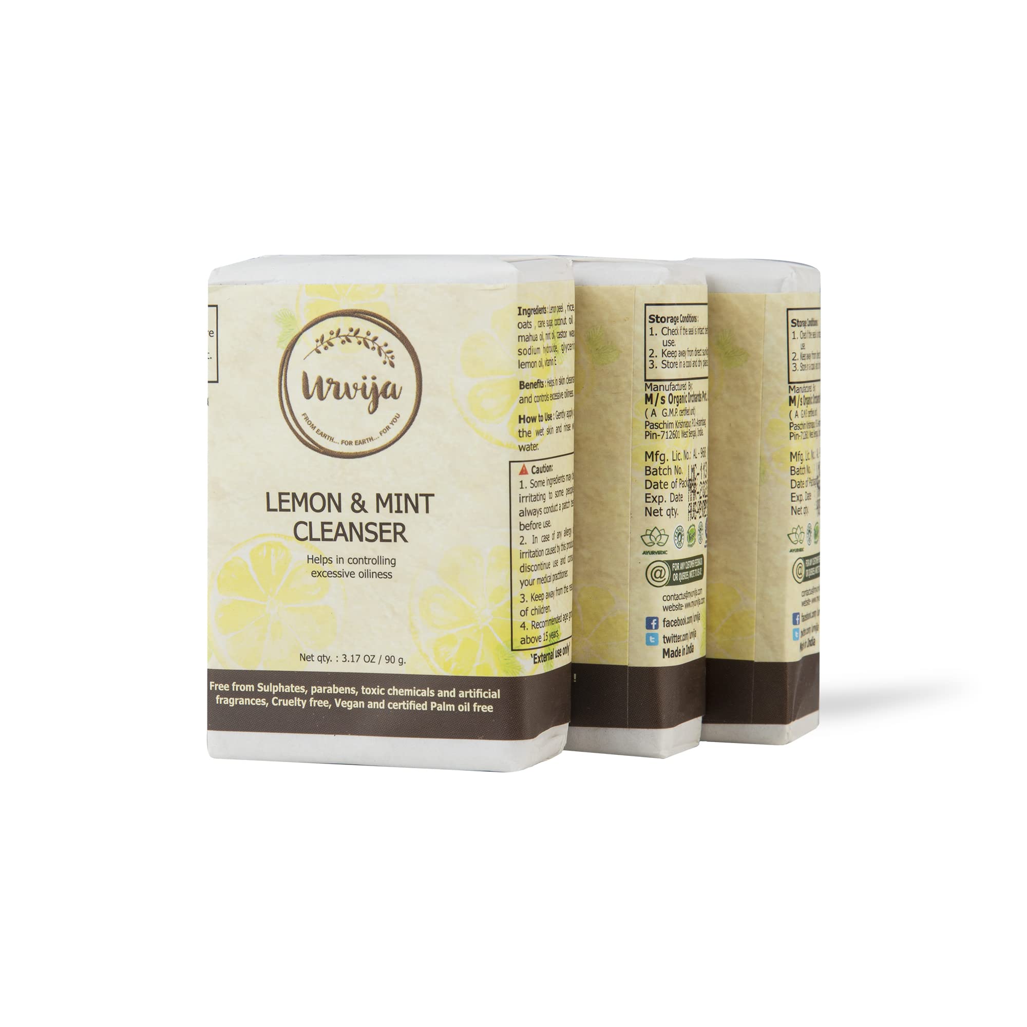 Urvija Lemon & Mint Cleansing Soap Cruelty Free Cleanser Bar for All Skin Types, Natural Soap Bar