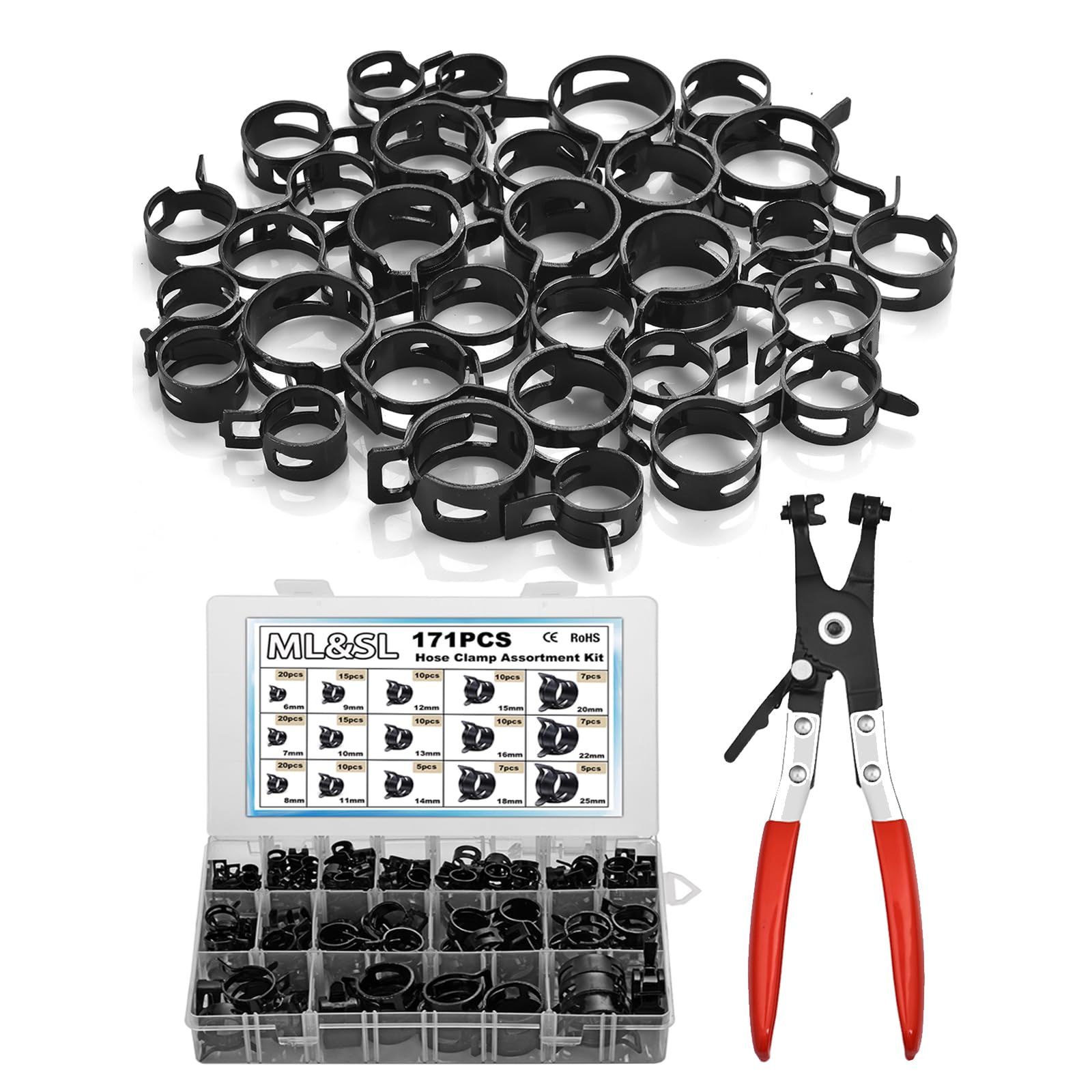 171-Piece Spring Hose Clamp Assortment With Pliers - 6-25mm Size Range