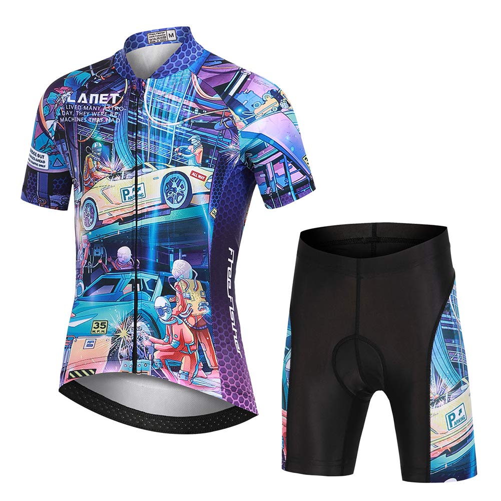 Kinder Jungen Radtrikot Set, Mädchen Radbekleidung Anzüge, Quick Dry Radsportanzug, Fahrradtrikot Kurzarm und 3D Sitzpolster Radhose, Rennwagen, 104/110(Herstellergröße: S)