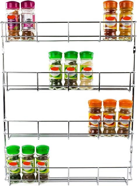 Andrew James 4 Tier Spice Rack for Inside Cupboard Door, Wall Mounted Herb Rack, No Construction Needed, Metal Spice Organiser Storage Shelf for Back of Door, Fixings Included