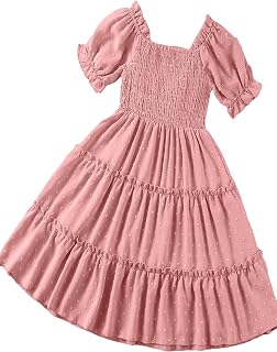 Girl's Square Neck Puff Sleeve Swiss Dots Shirred Frill Trim Flounce Ruffle Hem Dress