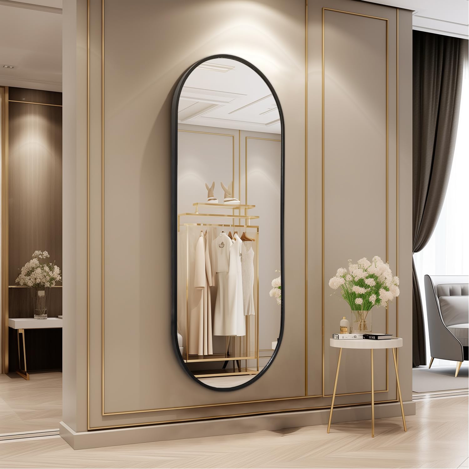 Specchio da parete ovale nero per bagno, specchio a figura intera, cornice in alluminio in metallo, specchi da parete 120 x 40 cm, specchio oblungo a forma di pillola, per vanità, soggiorno,
