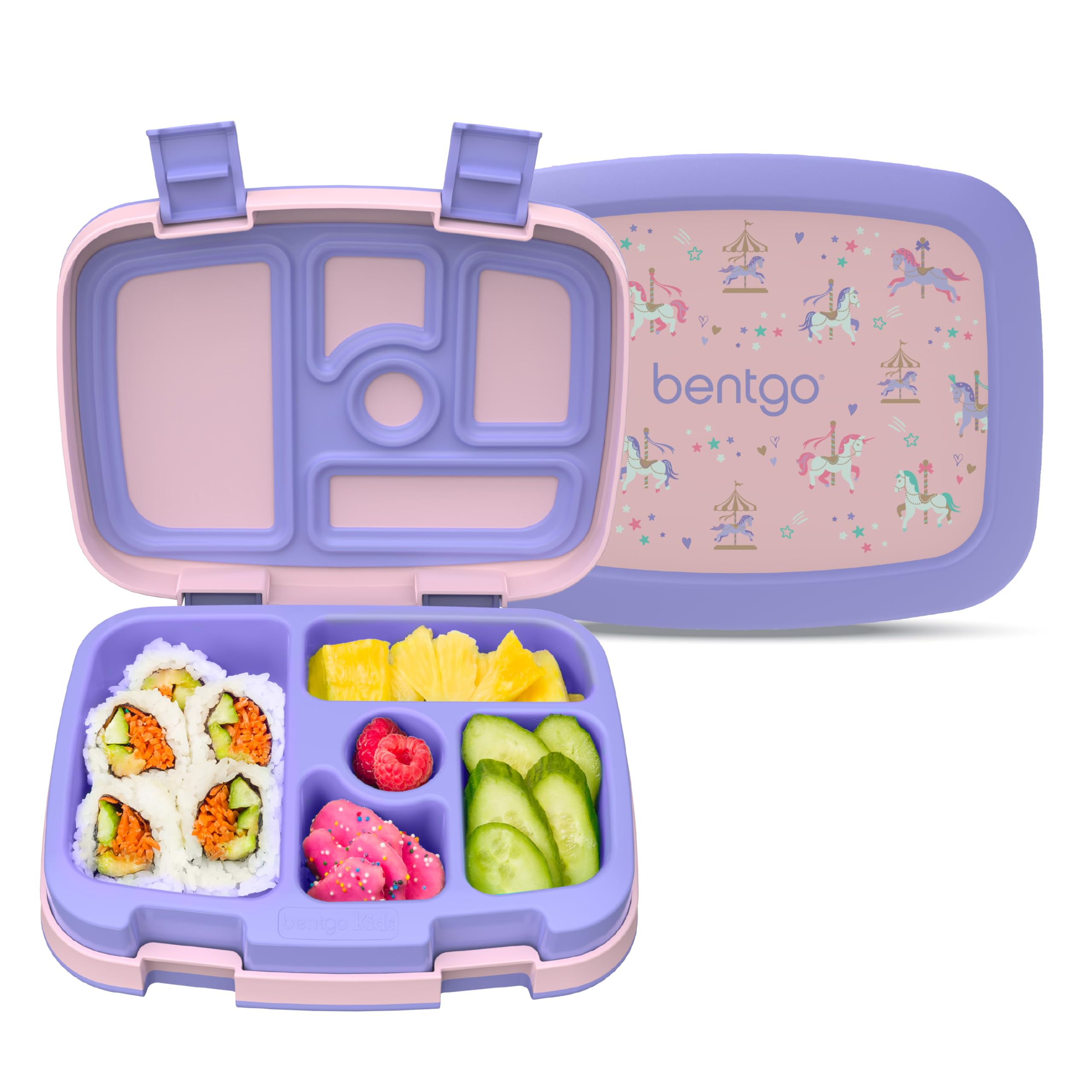 Bentgo Kids Prints Leak-Proof, 5-Compartment Bento-Style Kids Lunch Box - Ideal Portion Sizes for Ages 3-7, Durable, Drop-Proof, Dishwasher Safe, &amp; PFAS &amp; BPA-Free Materials (Carousel Unicorns)