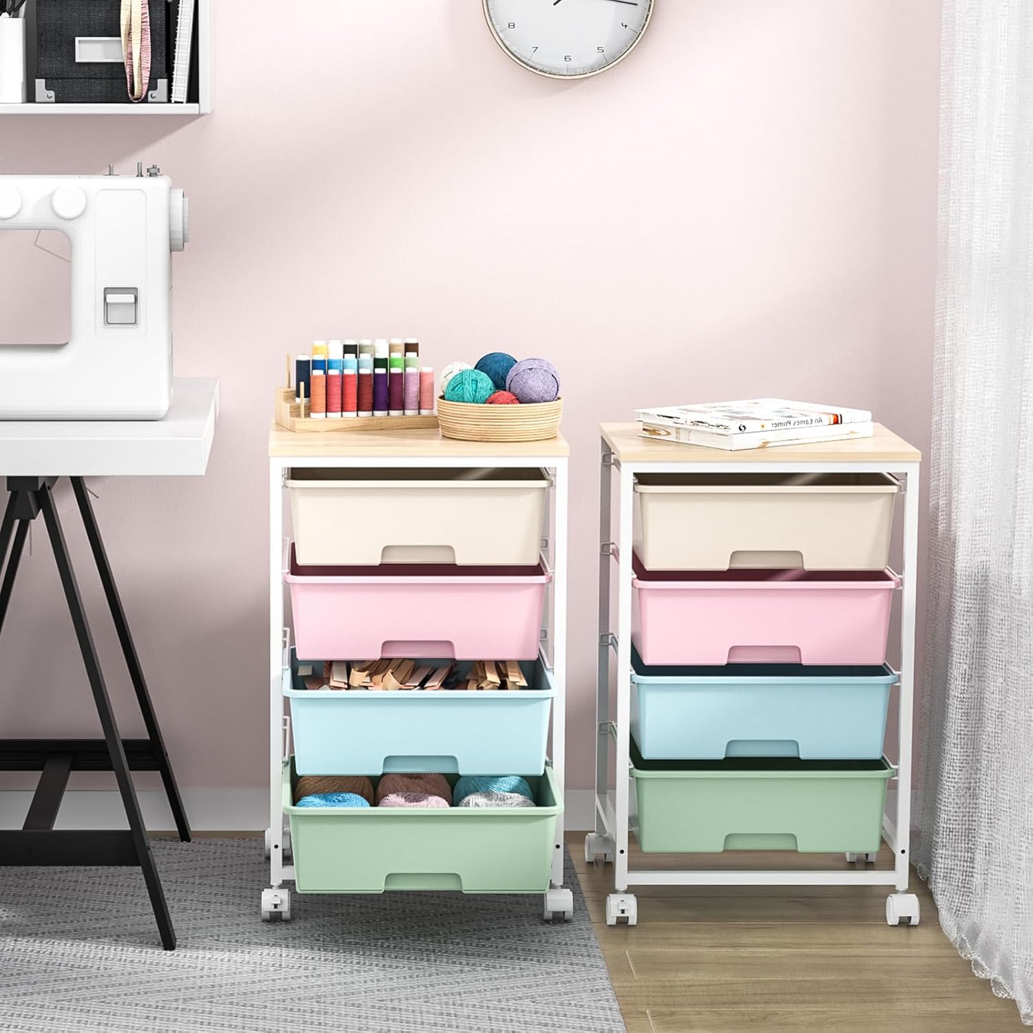 SYKIARIOL Utility Cart with 4 Drawers,Rolling Storage Cart with Drawers,Arts and Crafts Storage Cart with Wooden Tabletop for Bedroom,Kid's Room,Dorm,Classroom,Office,Colorful