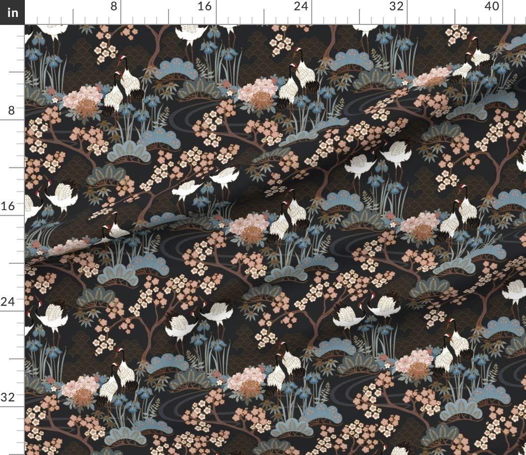 Spoonflower Fabric - Japanese Garden Black Asian Flowers Floral Birds Printed on Petal Signature Cotton Fabric Fat Quarter - Sewing Quilting Apparel Crafts Decor