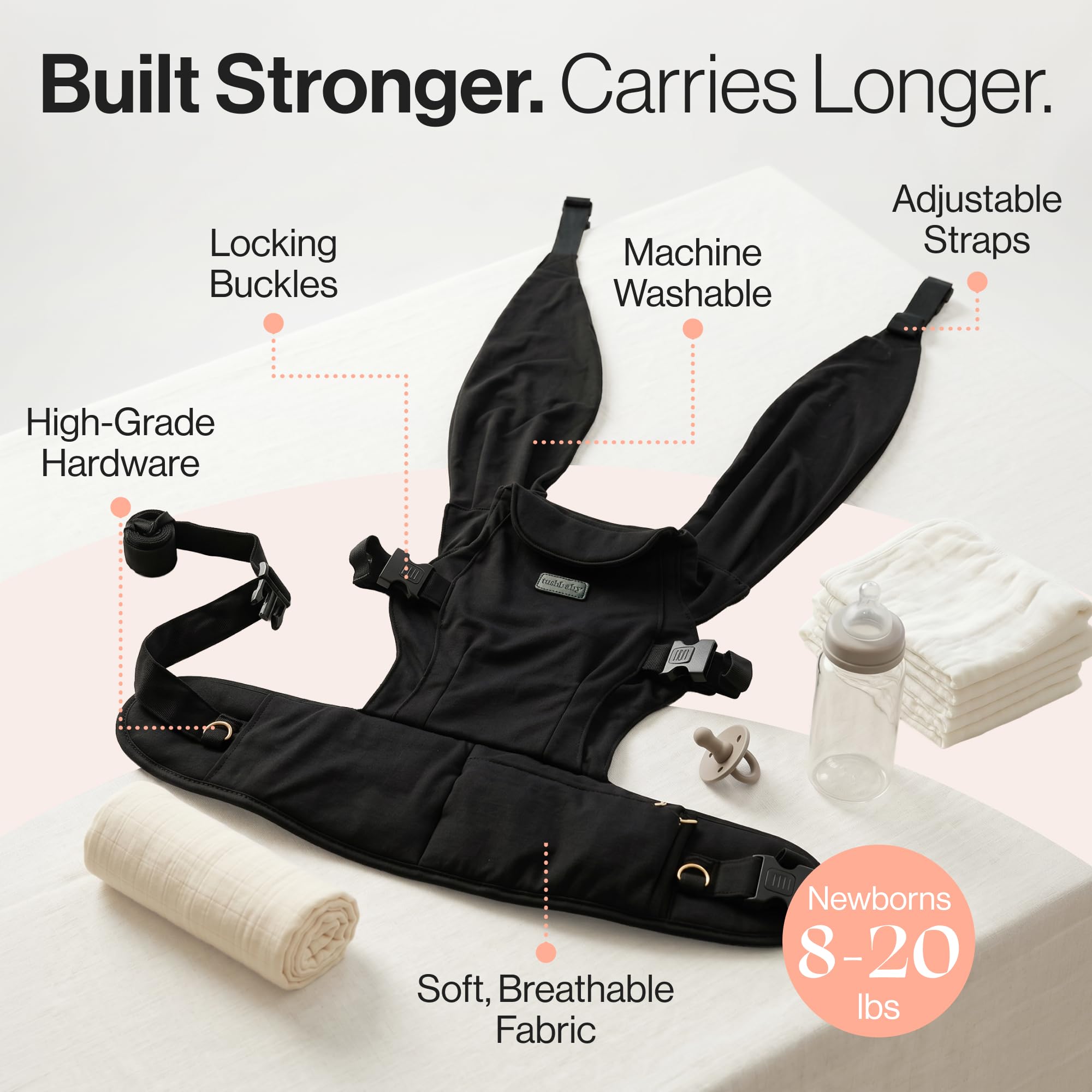 Tushbaby Pearl Wrap Carrier – Envoltura ergonómica para recién nacidos de 8 a 20 libras – Portabebés manos libres con almacenamiento, soporte para biberones y accesorio de limpieza – Tela suave y