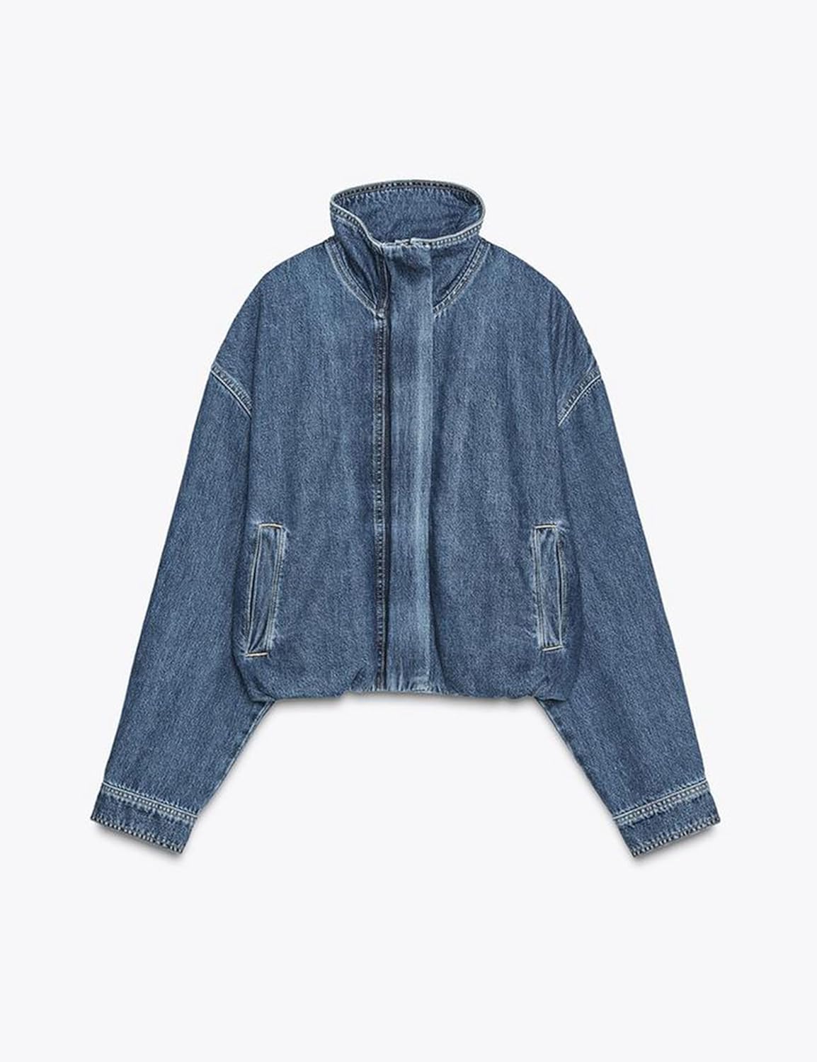 Bozanly Womens High Neck Long Sleeve Denim Jacket Trendy Button Zipper Crop Jean Outerwear with Pockets