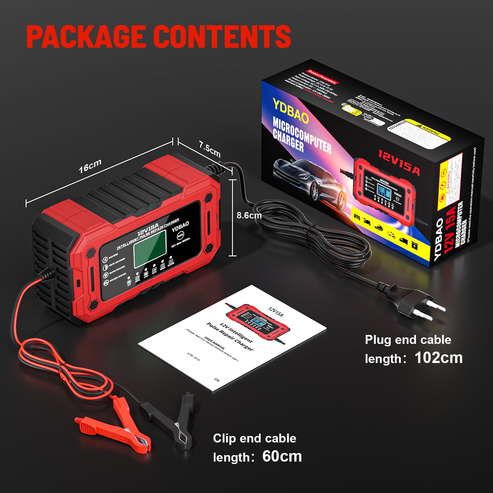 YDBAO 12V 15A Cargador de Batería de Coche Cargador Baterias Coche y Moto Inteligente con Reparación y Pantalla LCD y Múltiples Protecciones Cargador bateria para Coche Moto AGM SLA Gel LiFePO4