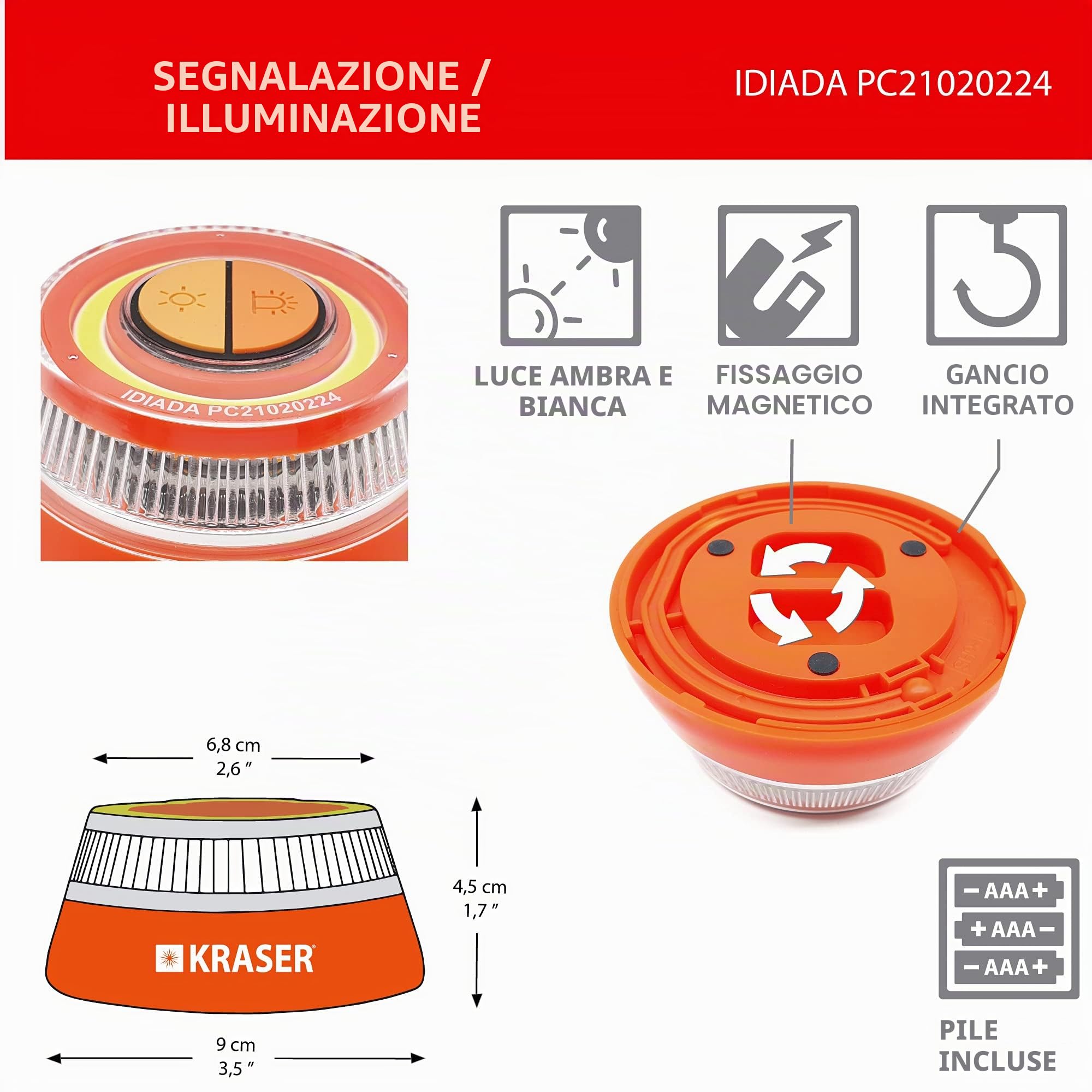 KRASER KR4V16NP4 4 Luce di Emergenza Auto Segnalazione Avviso Luminoso Autostrada Faro Illuminazione, Lampada Lampeggiante LED Stroboscopica di Intensità, Magnetica Omologata, Autonoma Torcia