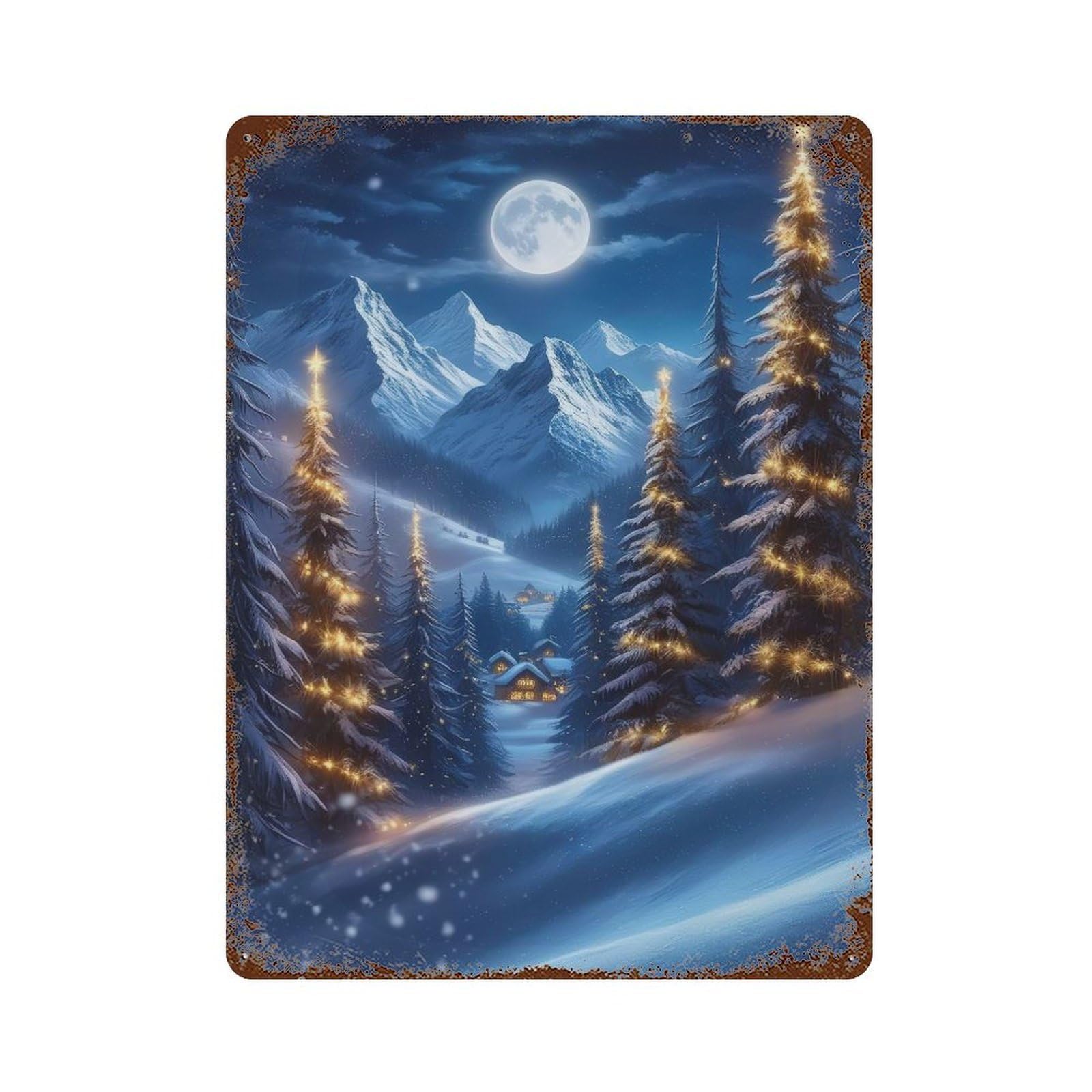 Snowy Christmas Village Vintage Wall Sign 15.7"x11.8", Rust Effect Metal Decor for Living Room, Hallway And Home Decor