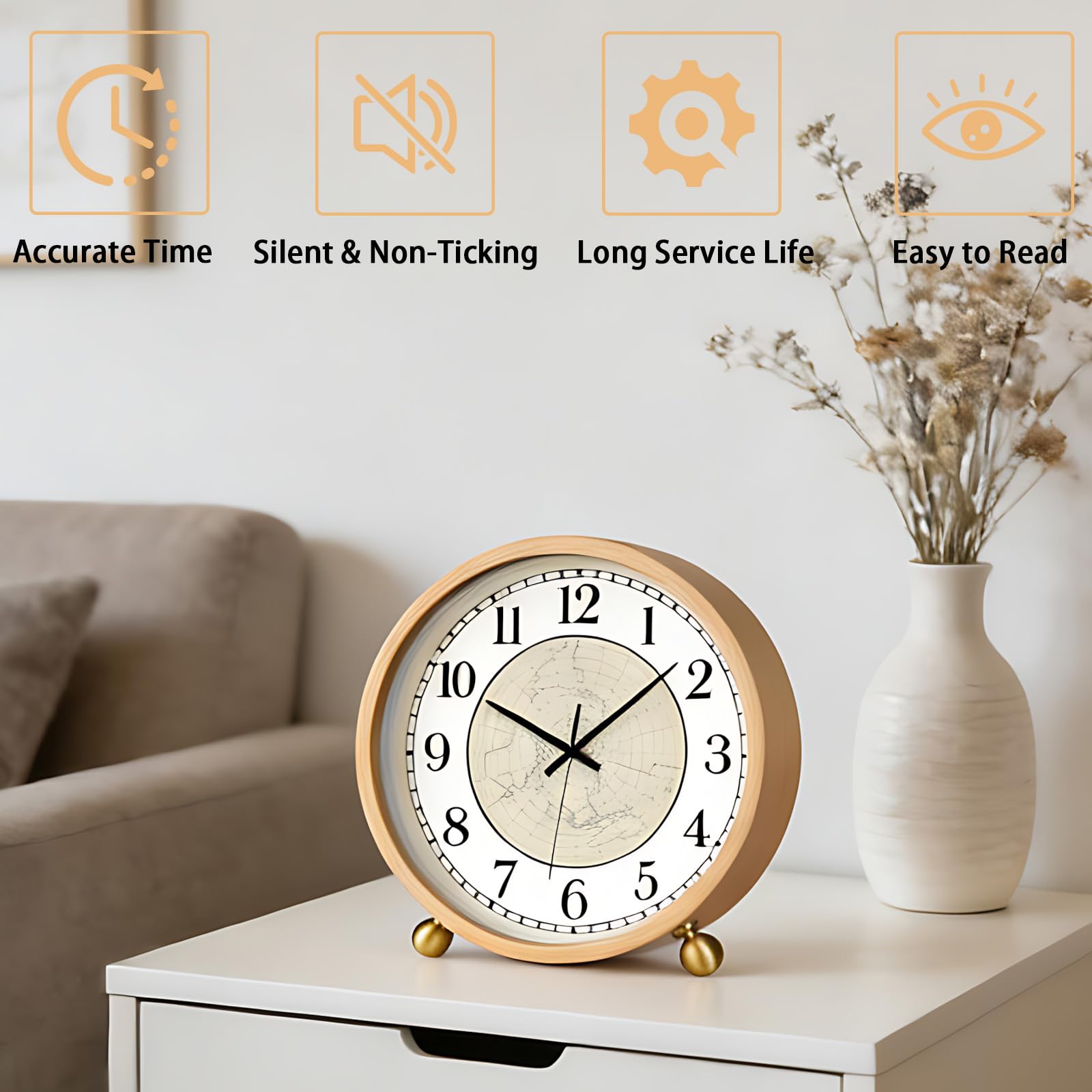 Maxspace Tischuhr, 20,3 cm, leise, nicht tickende Holzuhr, Schreibtischuhr, batteriebetriebene Dekoration, runde Uhr für Wohnzimmer, Büro, Schlafzimmer, Dekor (Log, Karte)