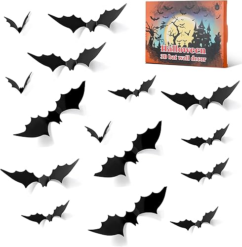Decoración de murciélago de Halloween, 120 calcomanías realistas de PVC negro 3D de terror, 4 tamaños de decoraciones de pared de Halloween,