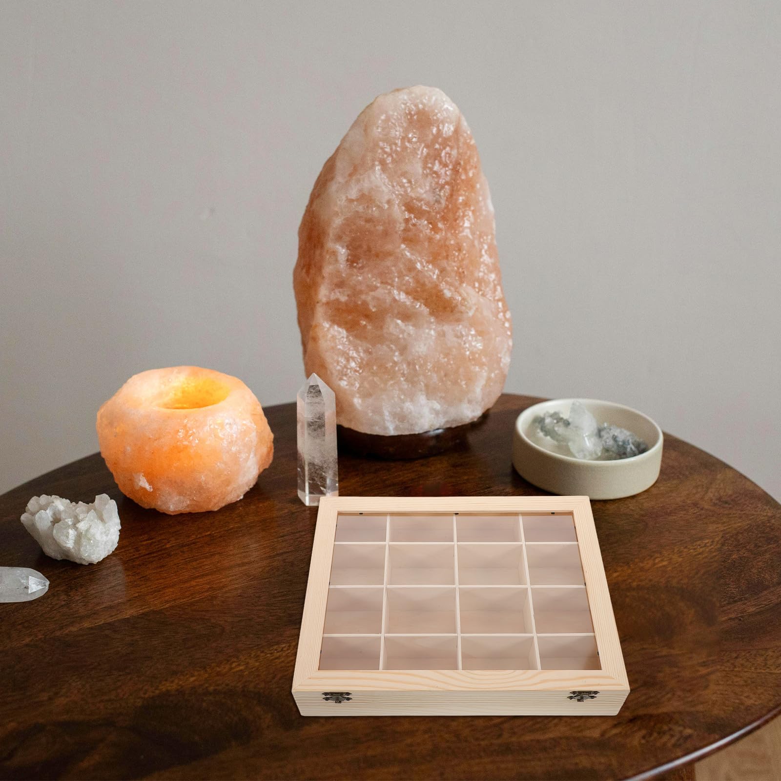 DOITOOL Caja de Almacenamiento para Colecciones de Rocas de Madera con Tapa Acrílica Transparente Organizador de Compartimentos para Minerales Cristales y Muestras Vitrina Expositora