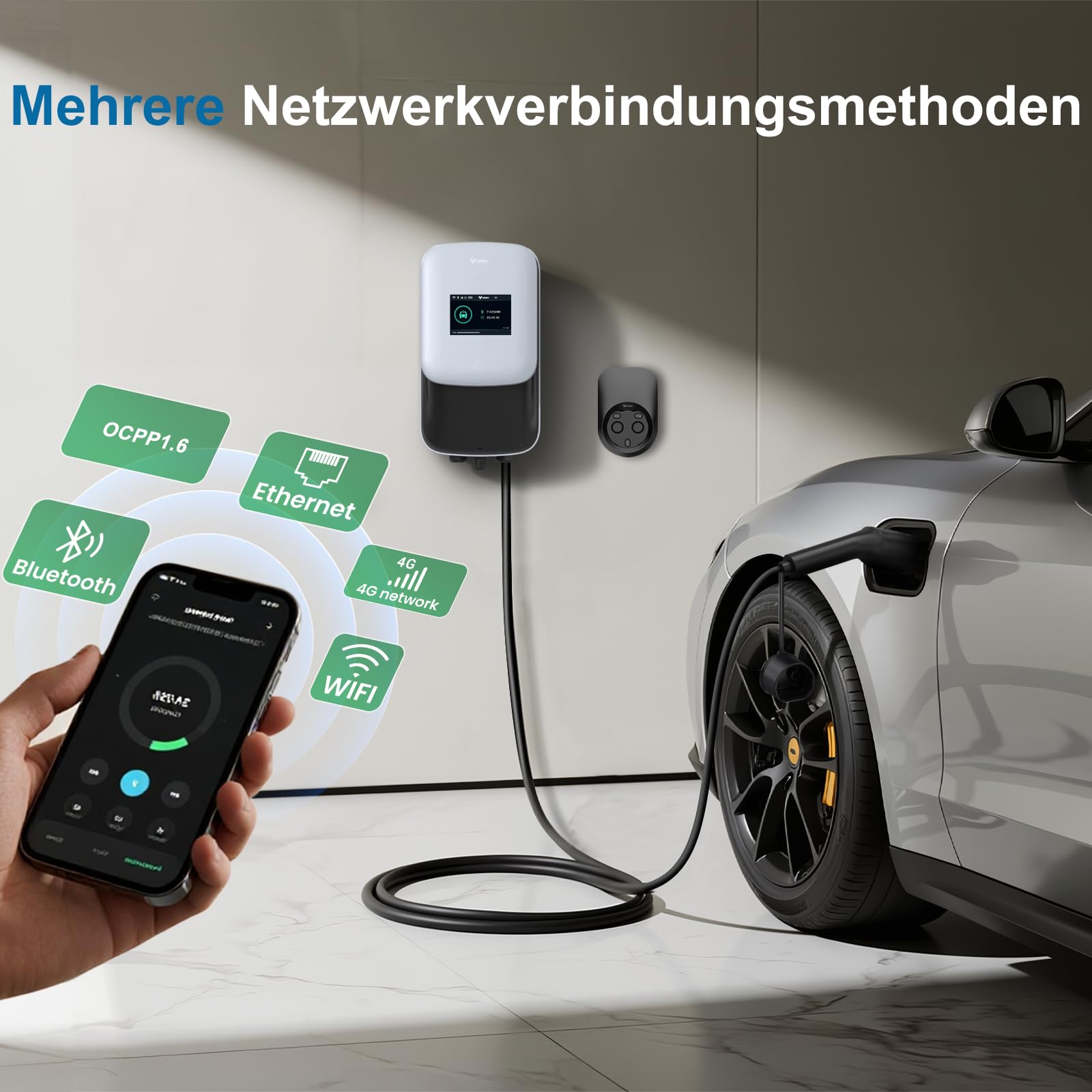 GONEO Ladestation 22kW 8A-32A Wallbox für Elektrofahrzeuge 480V Dreiphasig OCPP mit 5m Kabel mit RFID Karte IP65 IK10 Schutz 4G WLAN APP Bluetooth Steuerung Terminladung
