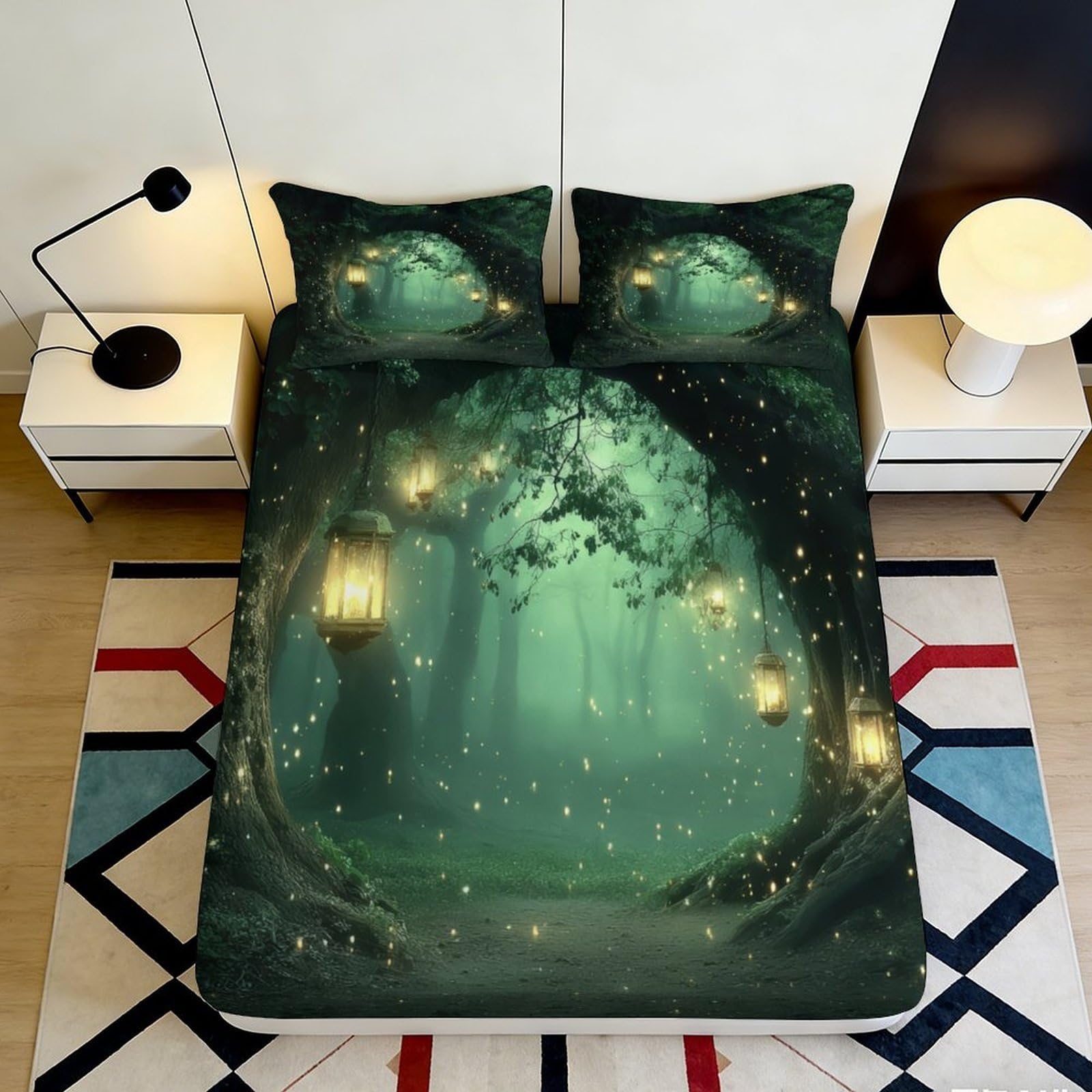 3D Printed Forest Dream Fitted Sheet Microfiber Deep Pocket Bedroom Bedding Forest Mattress Fitted Cover Breathable for Adults Teens 140x200x25cm