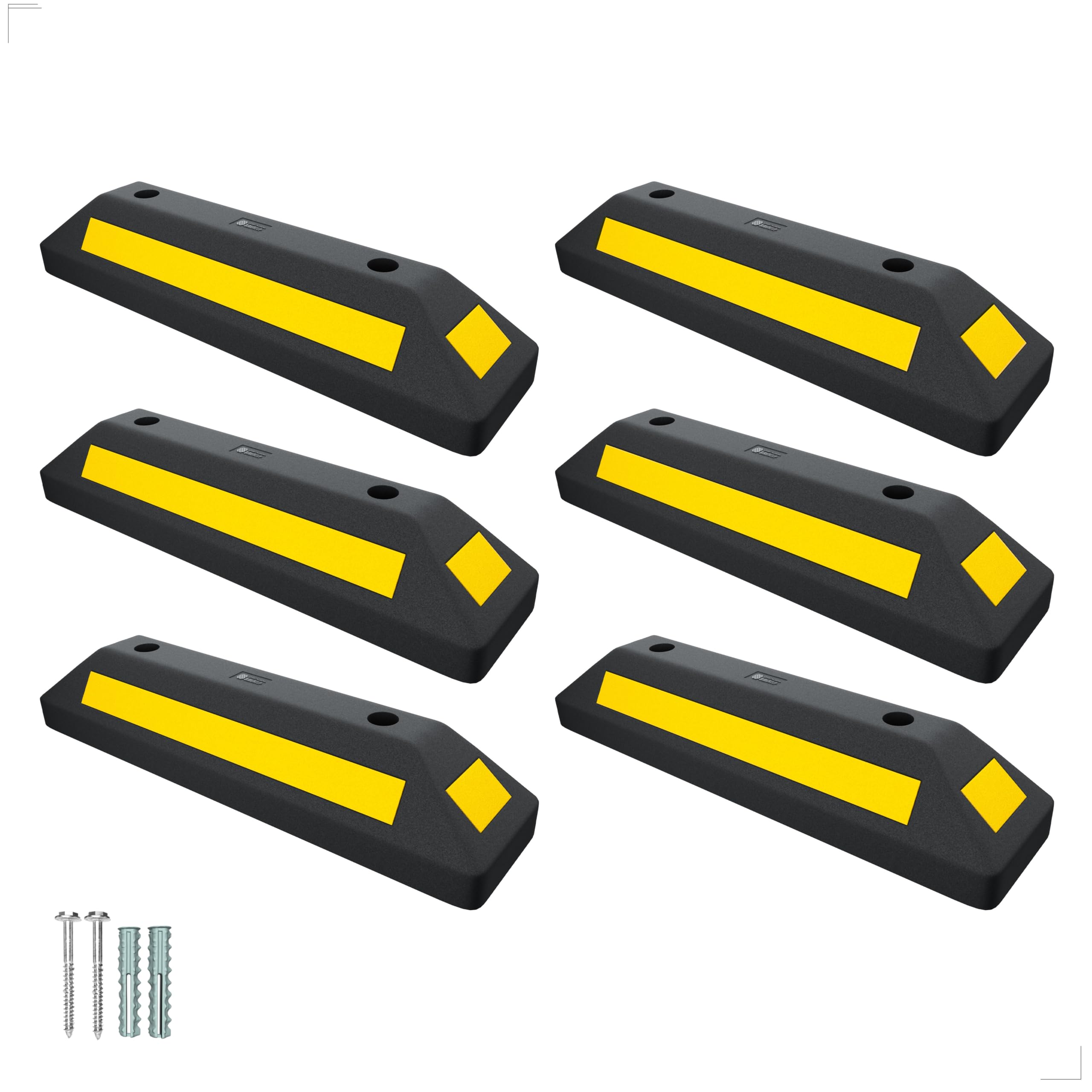 Berry 6 Pcs Wheel Stopper 57CM Black with Screw and Anchor | Rubber Parking Wheel Stops for Car Parking Areas | Heavy Duty Parking Blocks Black with Yellow Strips (6 Pc Set)