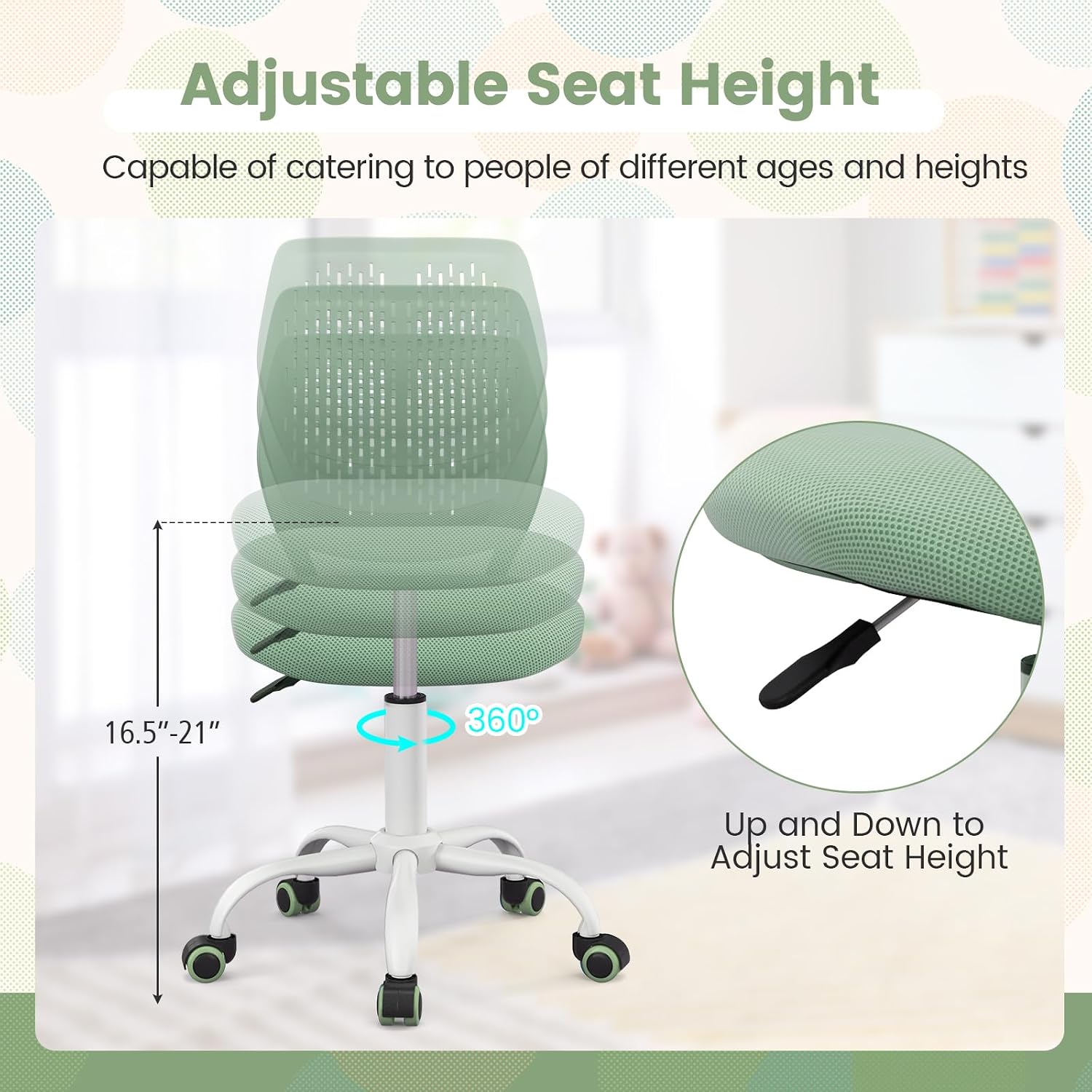 Giantex Kids Desk Chair, Children Armless Study Furniture with Adjustable Height, Ergonomic Kids Office Seat with Wheels, Rolling Swivel Mesh Task Chair for Girls Boys Teens (Sage)