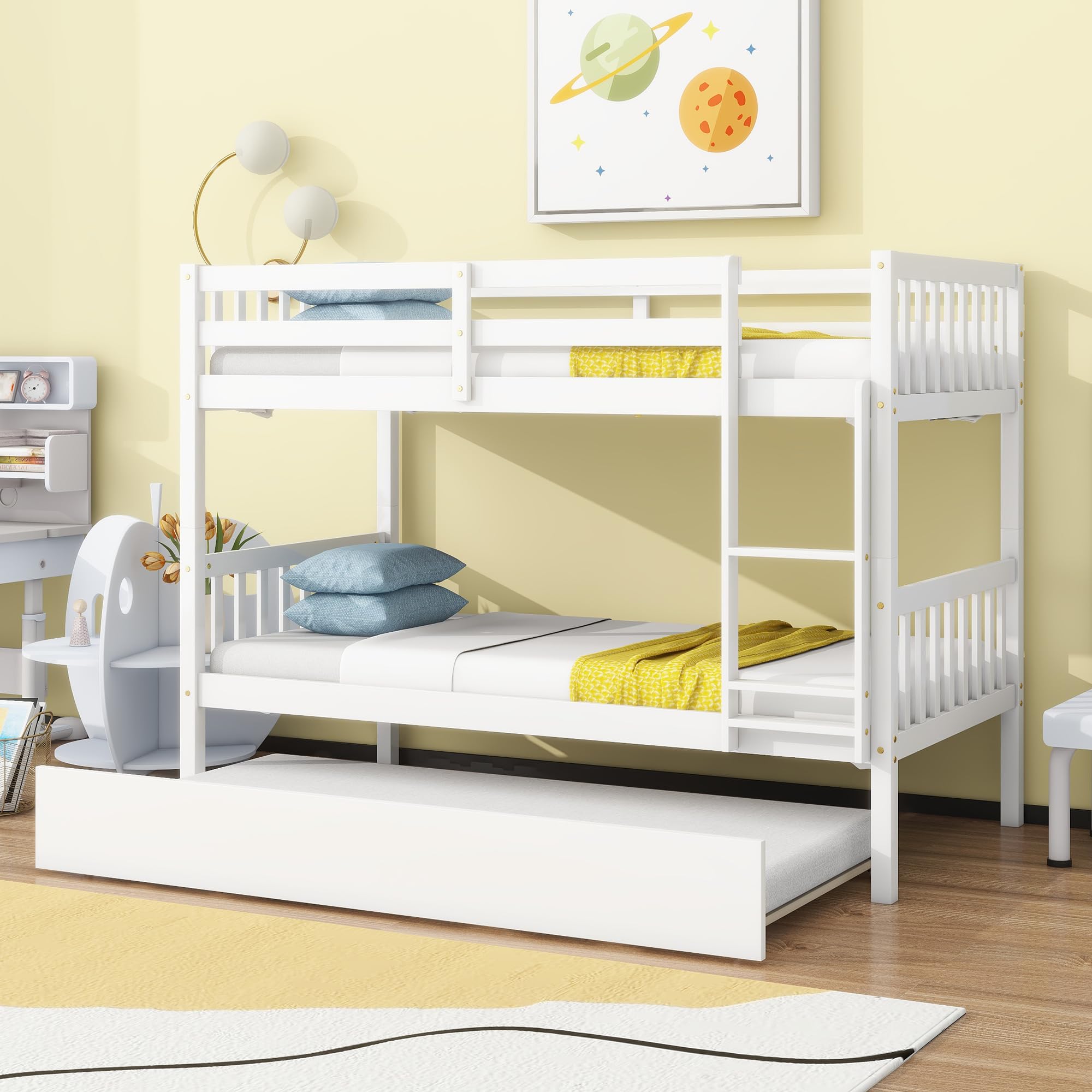 Merax Twin-Over-Twin Bunk Bed with Movable Trundle, Solid Wood Detachable Bunk Bed with Safety Guardrial and Ladder, Can be Converted Into 3 Separate