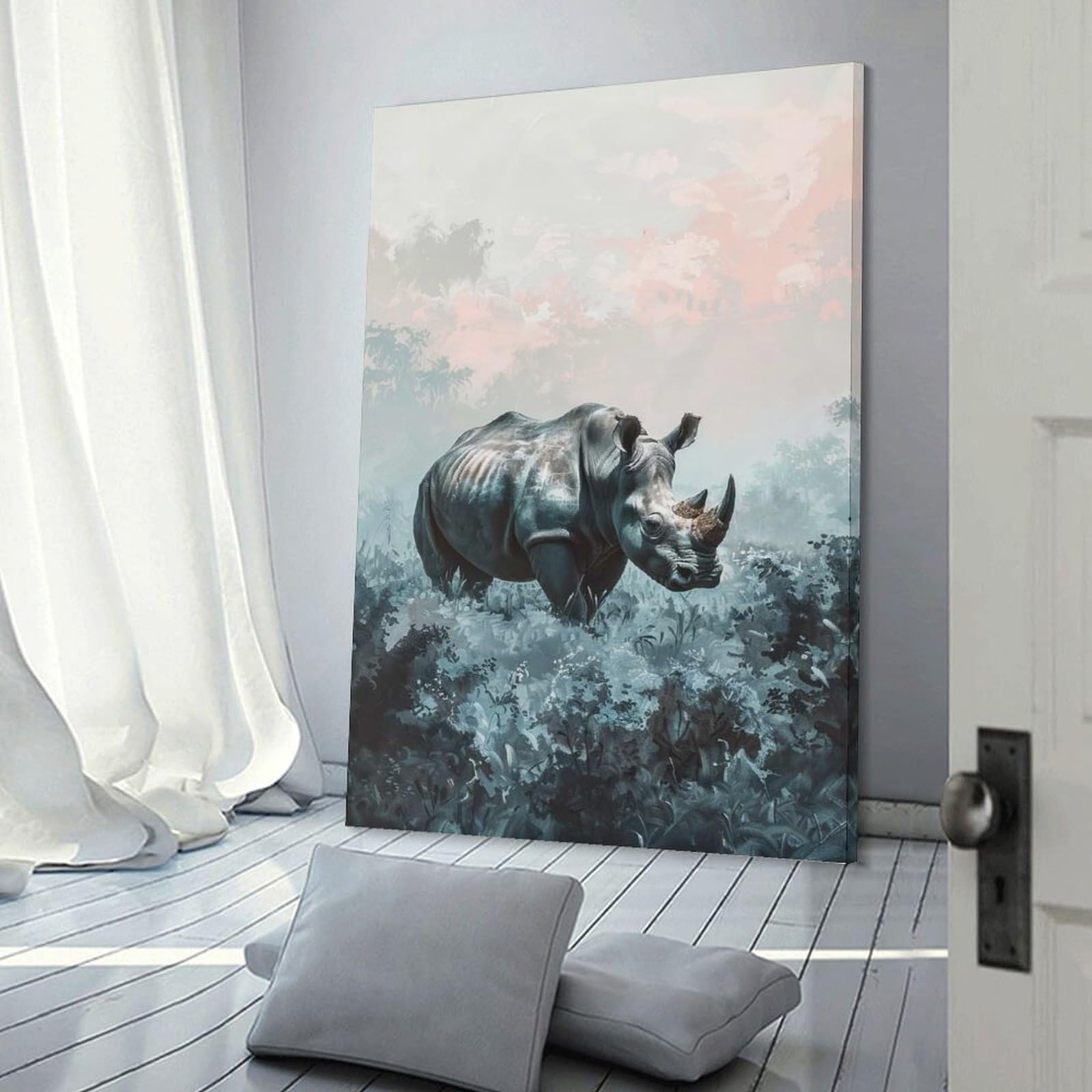 Junmoney Frame-Style-24 Rhino In Foggy Forest Wall Picture Print, 20X30inch(50X75cm), For Wall Displays, Bedrooms Or Room Updates, Decorative Artwork With Flexible Styling