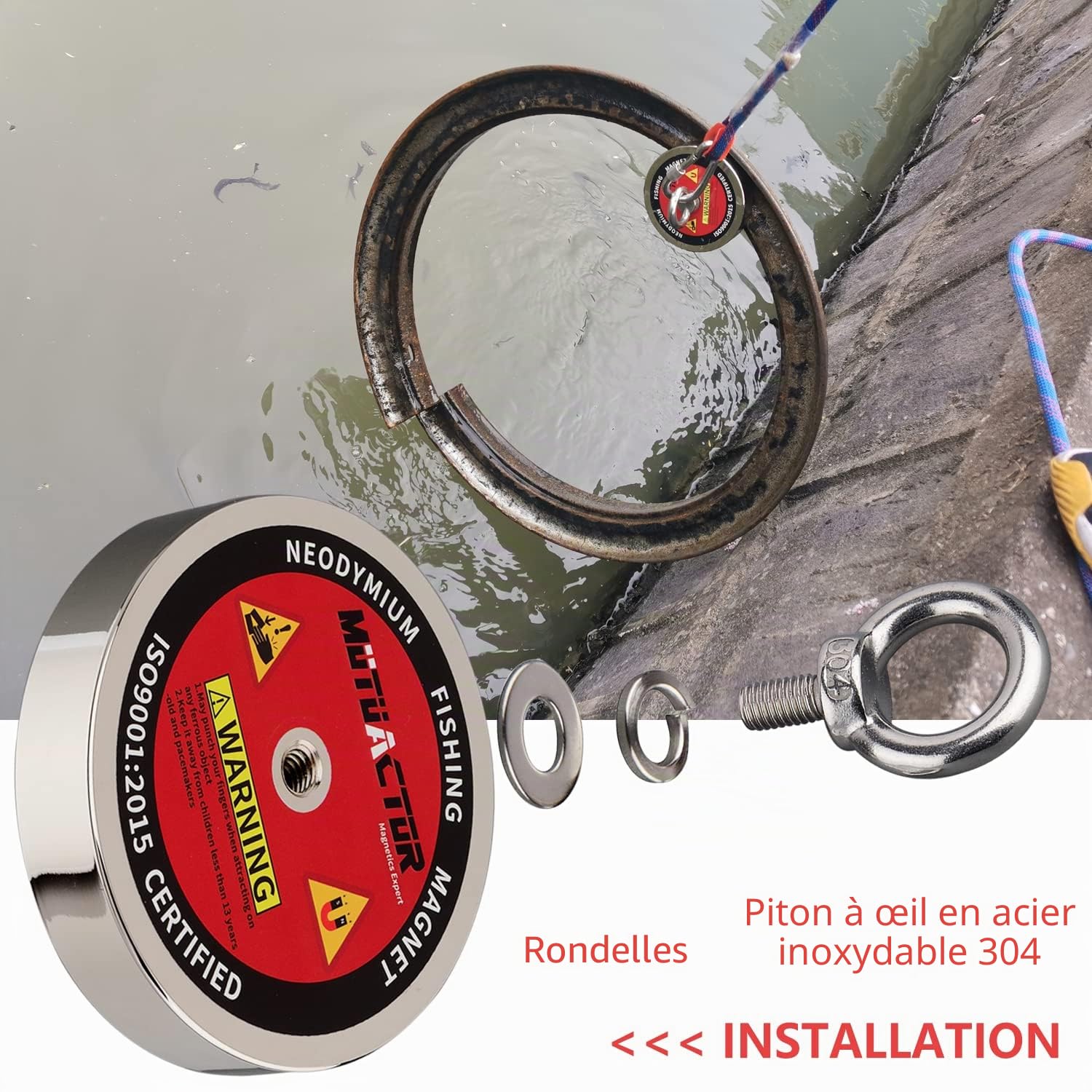 Mutuactor Aimant de pêche néodyme Pull-Force de 500kg, aimant puissant de rappel N52 avec corde durable 15m, gants et sac de transport, aimant de magnétique robuste pour la chasse au trésor