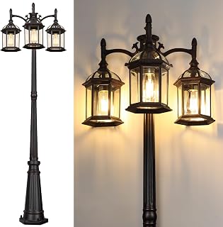 Bronze Outdoor Lamp Post Birdcage, Hardwired Street Light for Outside, 3-Head Pole Light Modern Lamp Post Outdoor Lighting with Clear Glass Panels for Garden Patio Backyard Walkway Driveway